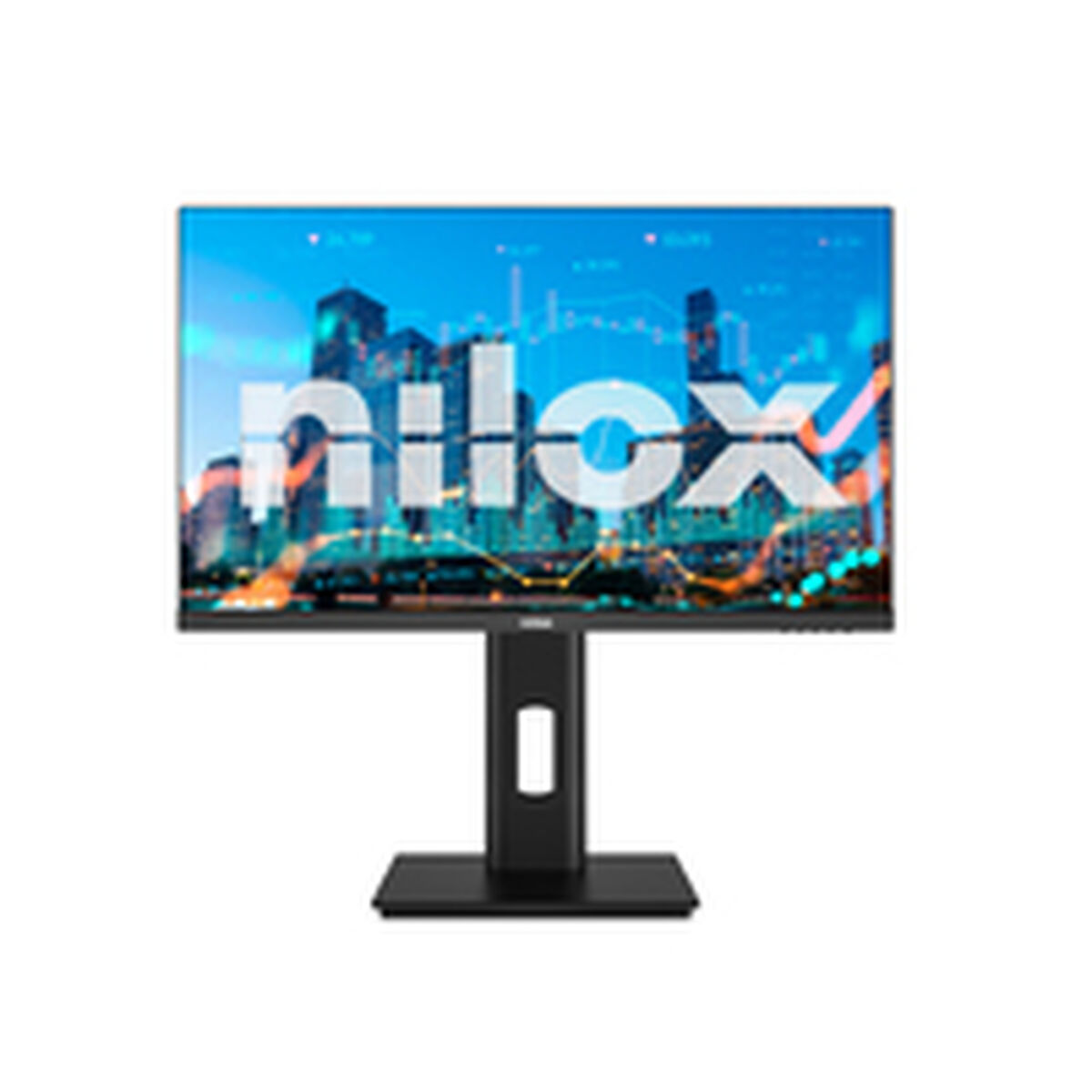 Un monitor di computer mostra la parola 'nilox' su un paesaggio urbano e un grafico di mercato azionario. Il monitor è nero, su sfondo bianco.