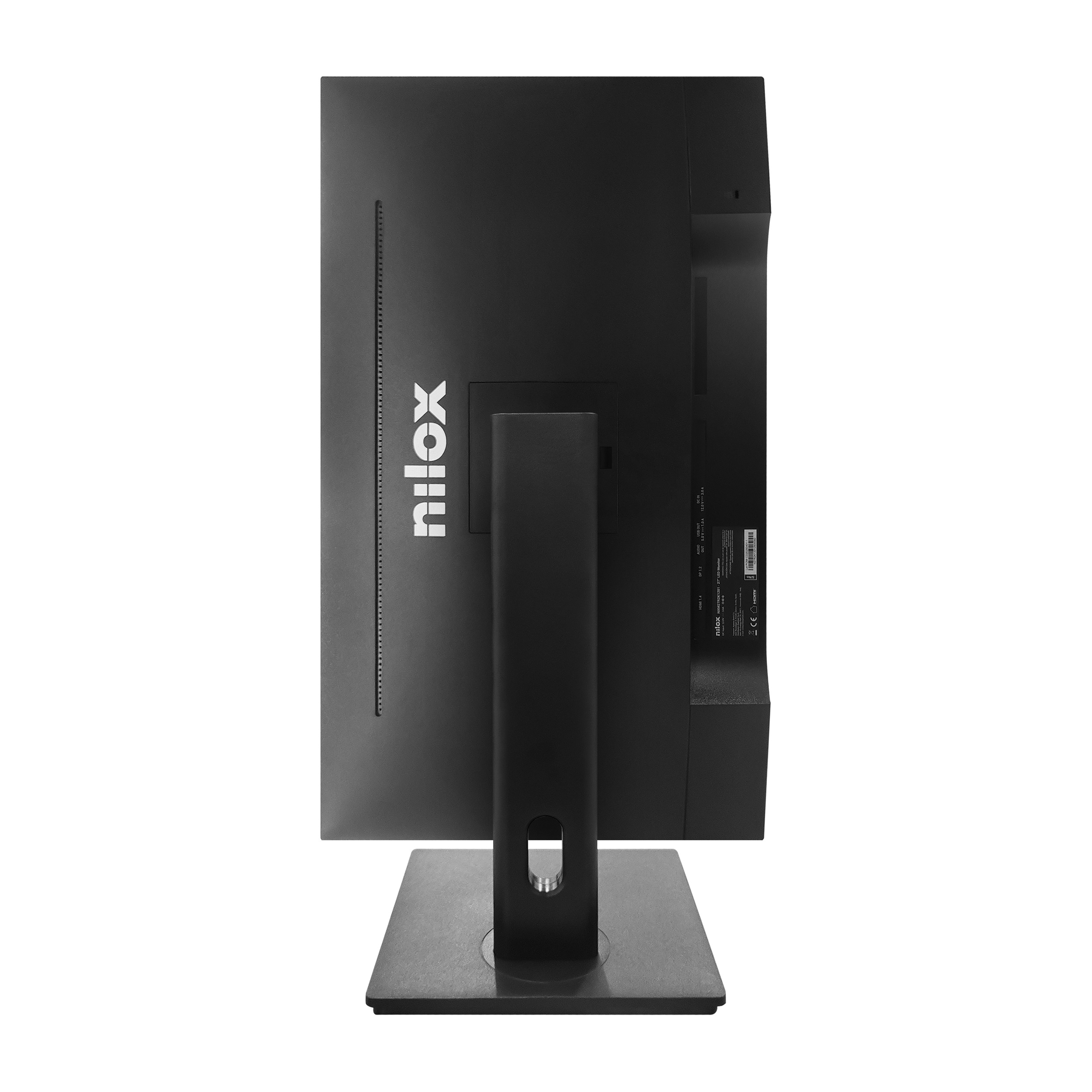 Un monitor Nilox nero è mostrato dal retro. Ha un supporto e un ingresso di alimentazione. Il monitor è su sfondo bianco.