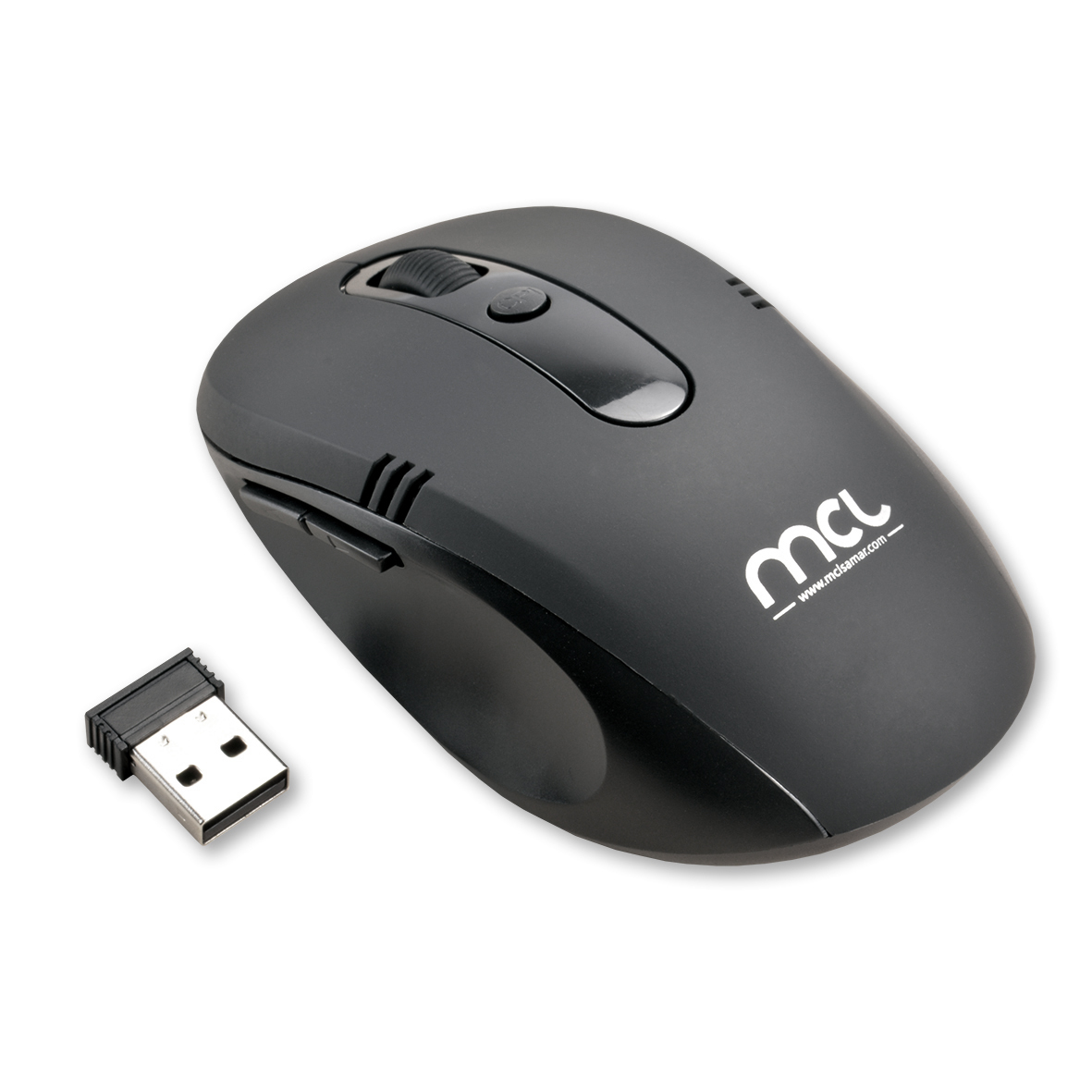 Un mouse per computer wireless nero con un ricevitore USB. Il mouse ha una rotella di scorrimento e pulsanti. Il ricevitore è collegato.