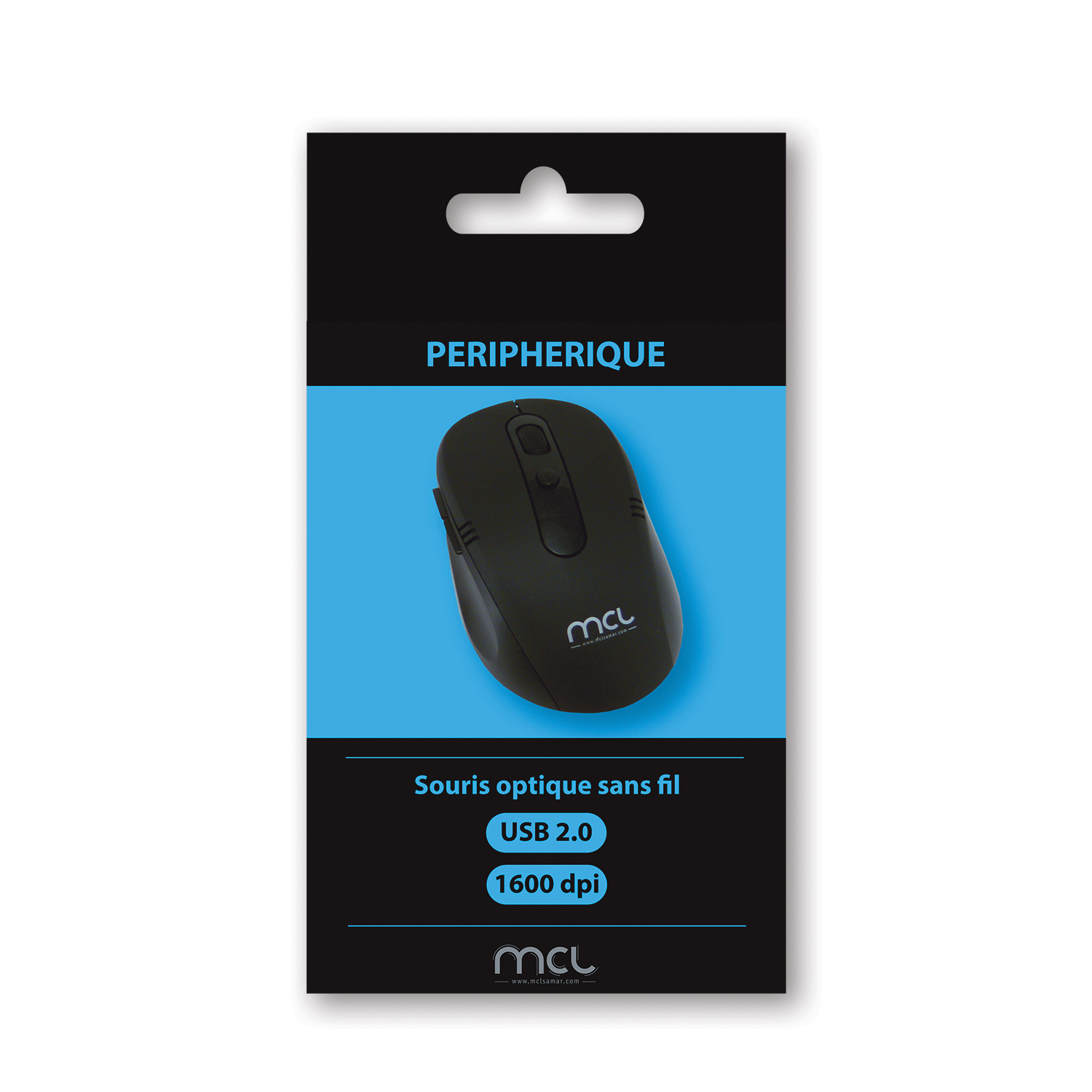 Mouse ottico wireless nero su confezione nera e blu. Include testo: PERIPHERIQUE, USB 2.0 e 1600 dpi.