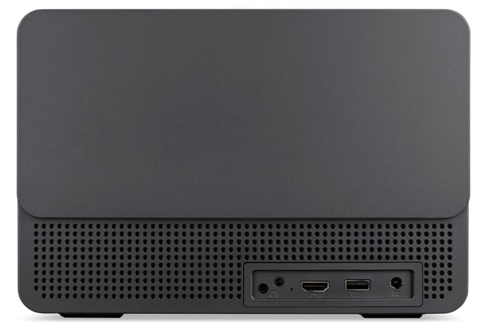 Czarne szare urządzenie elektroniczne z portami i otworami wentylacyjnymi jest pokazane od tyłu. Porty obejmują HDMI, USB i zasilanie DC.