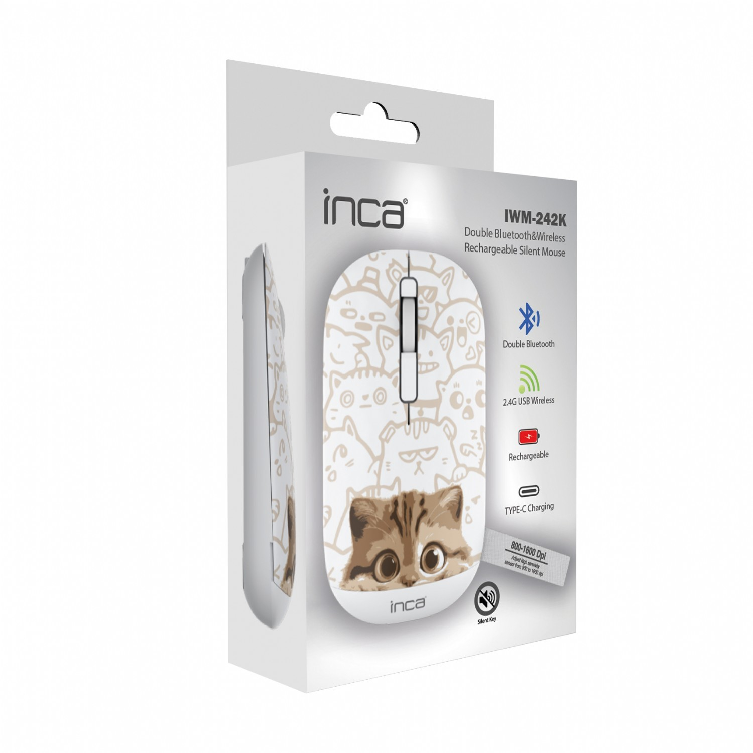 Biało-szare pudełko przedstawia mysz bezprzewodową z motywem kota. Pudełko zawiera Bluetooth, USB 2.4G, funkcje ładowania i cichego klawisza.