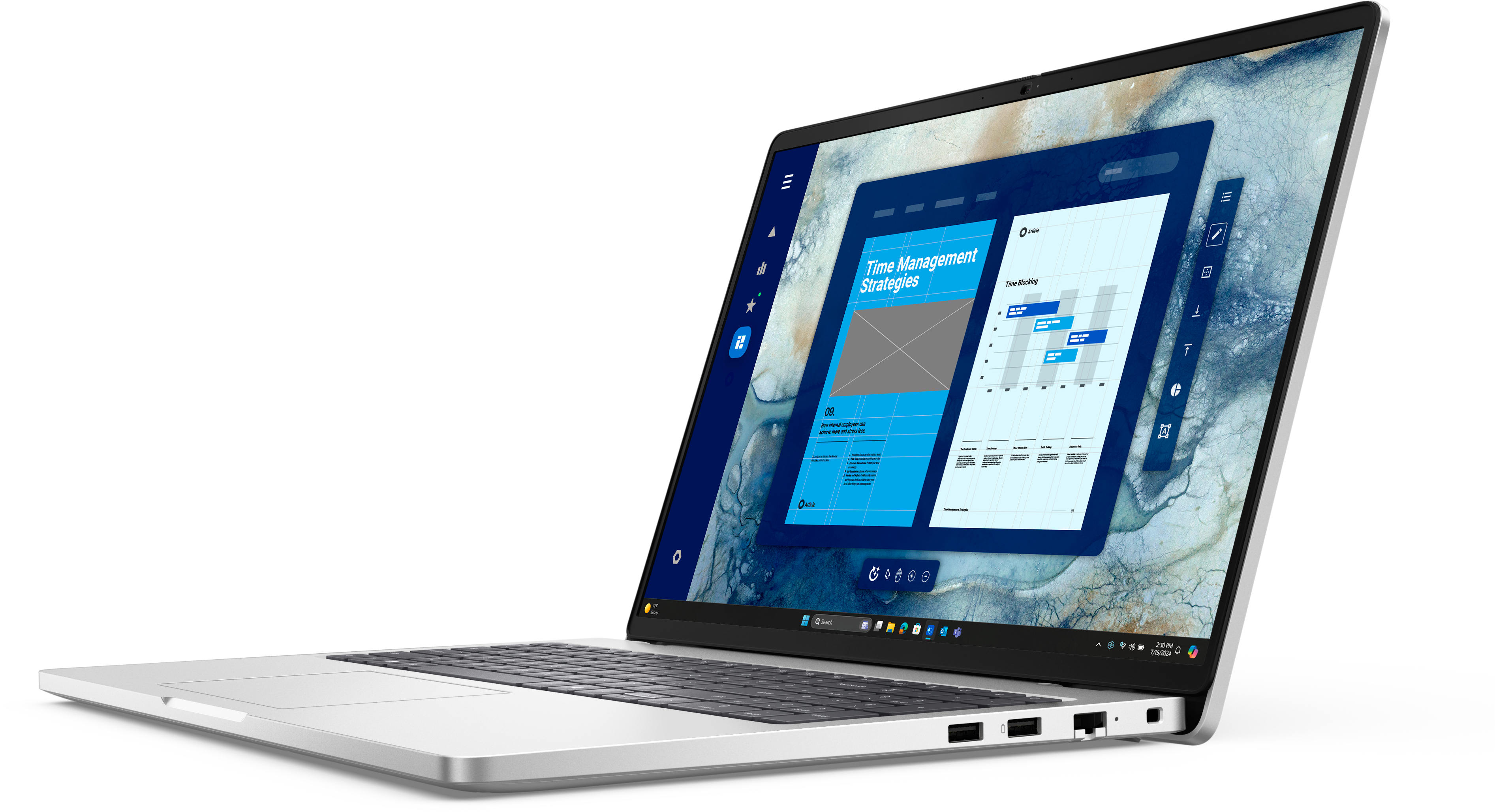 Laptop wyświetla prezentację strategii zarządzania czasem. Ekran pokazuje diagramy i tekst na niebieskim i białym tle.