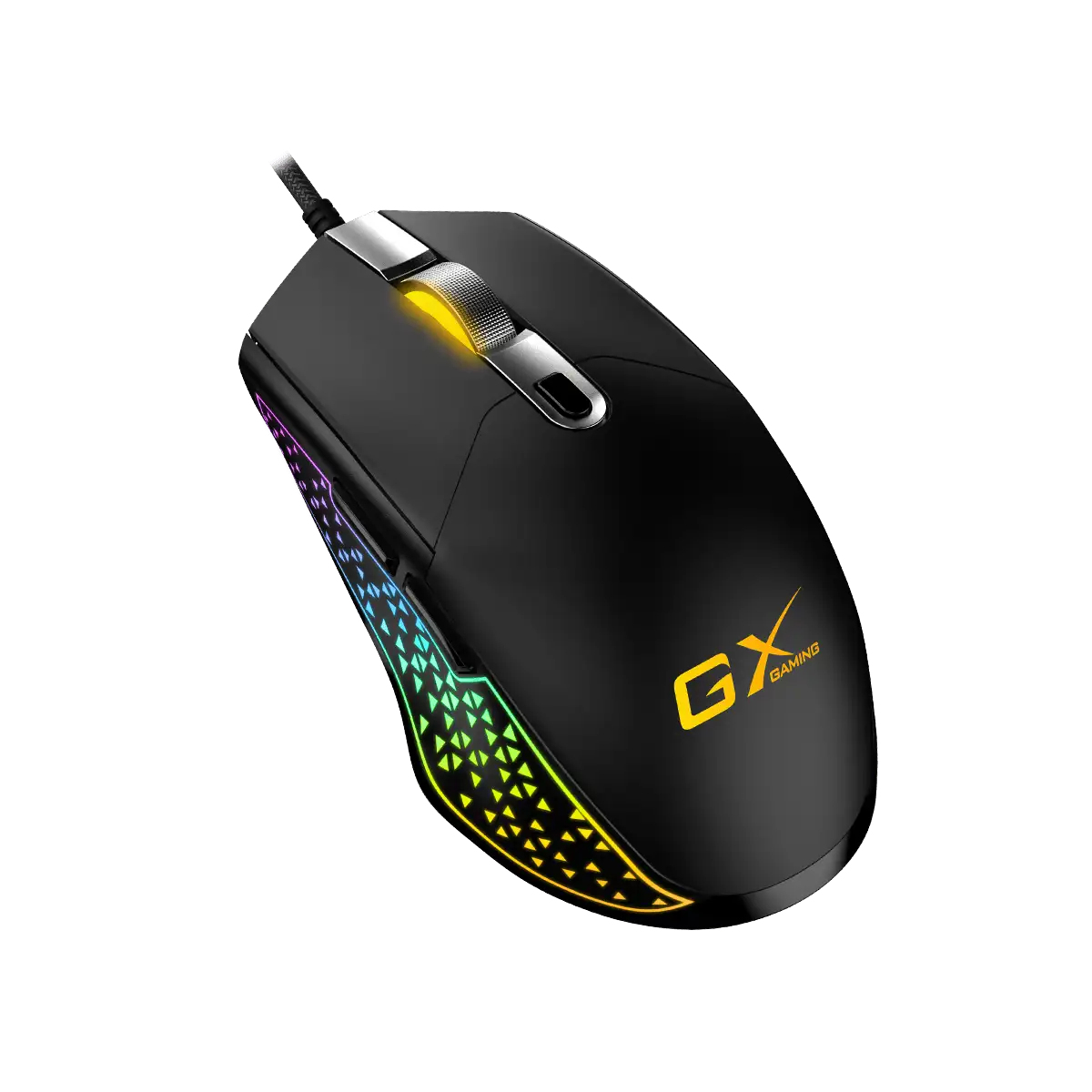 A black gaming mouse with a silver scroll wheel, and colorful LED lights. The mouse has a 'GX Gaming' logo on it.
