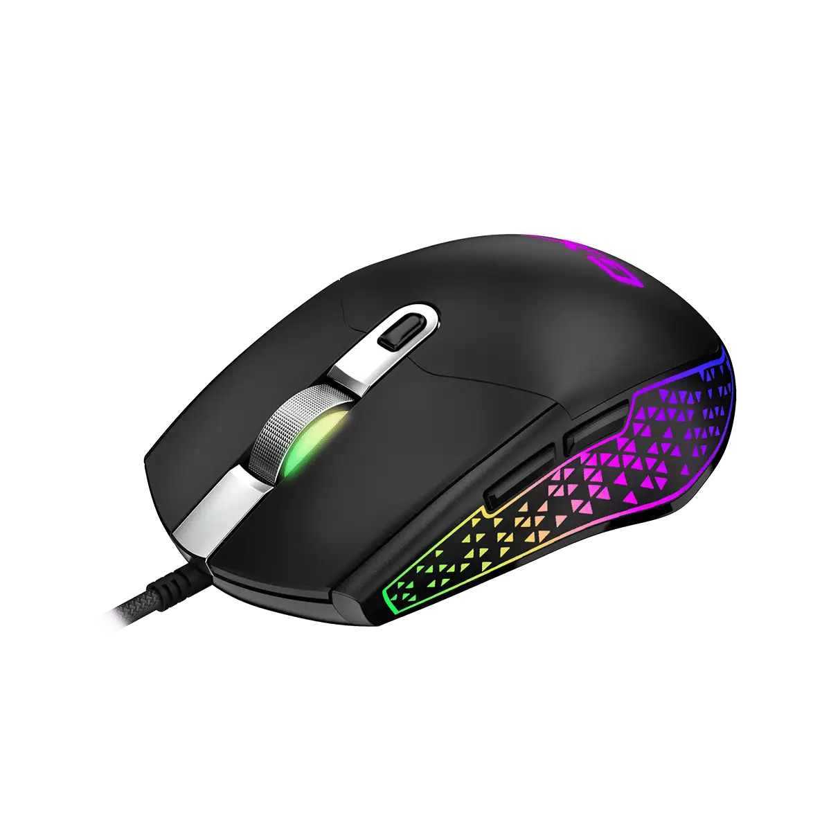 A black gaming mouse with RGB lighting on a white background. It has a scroll wheel and a textured cable.