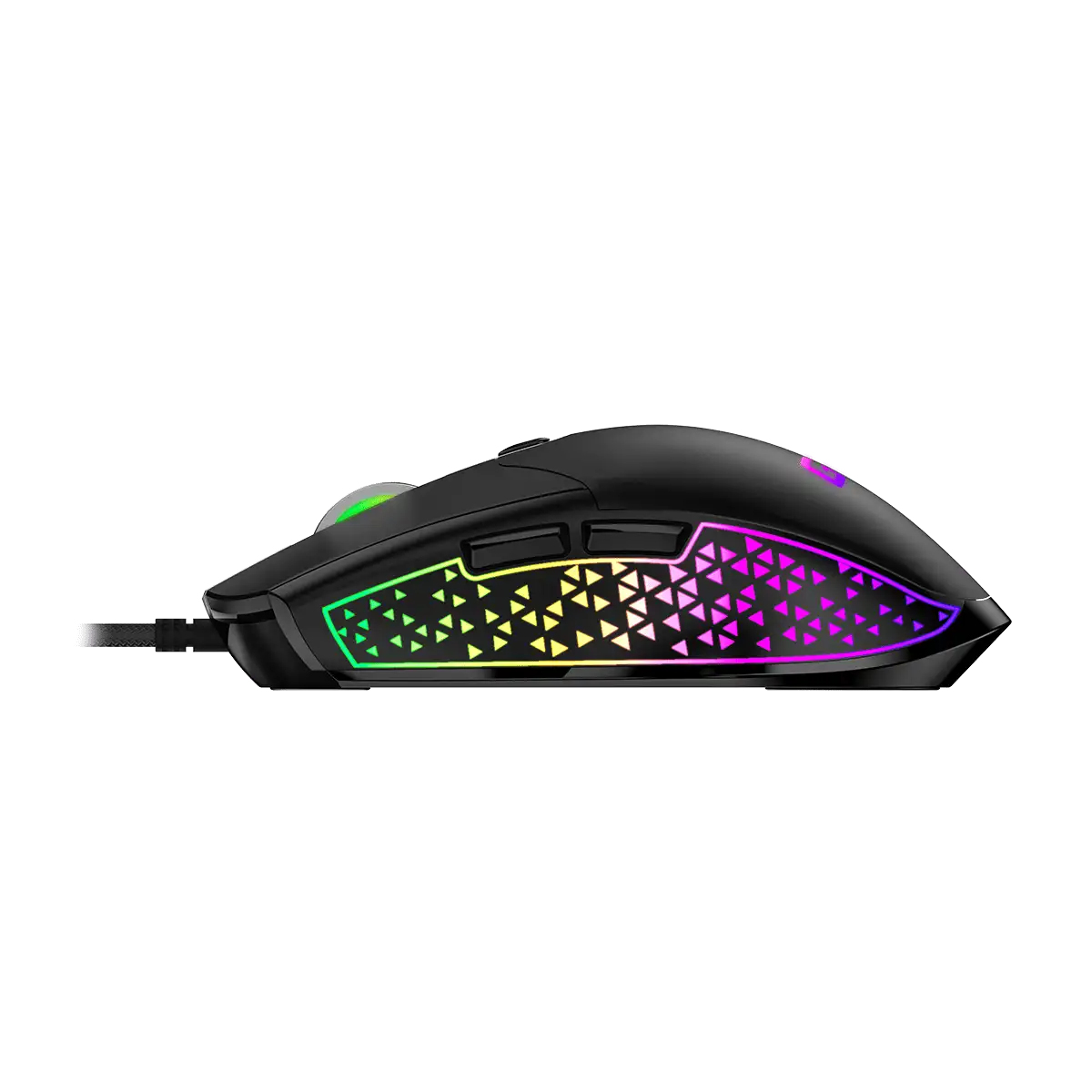 Black gaming mouse with a colorful, triangular pattern. It has a cable and buttons. The background is white.