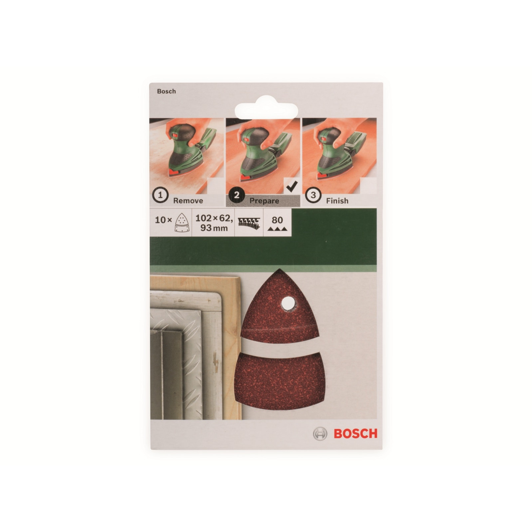Bosch Schleifpapierpaket. Zeigt einen Schleifer im Einsatz, mit Produktdetails und dem Bosch-Logo.