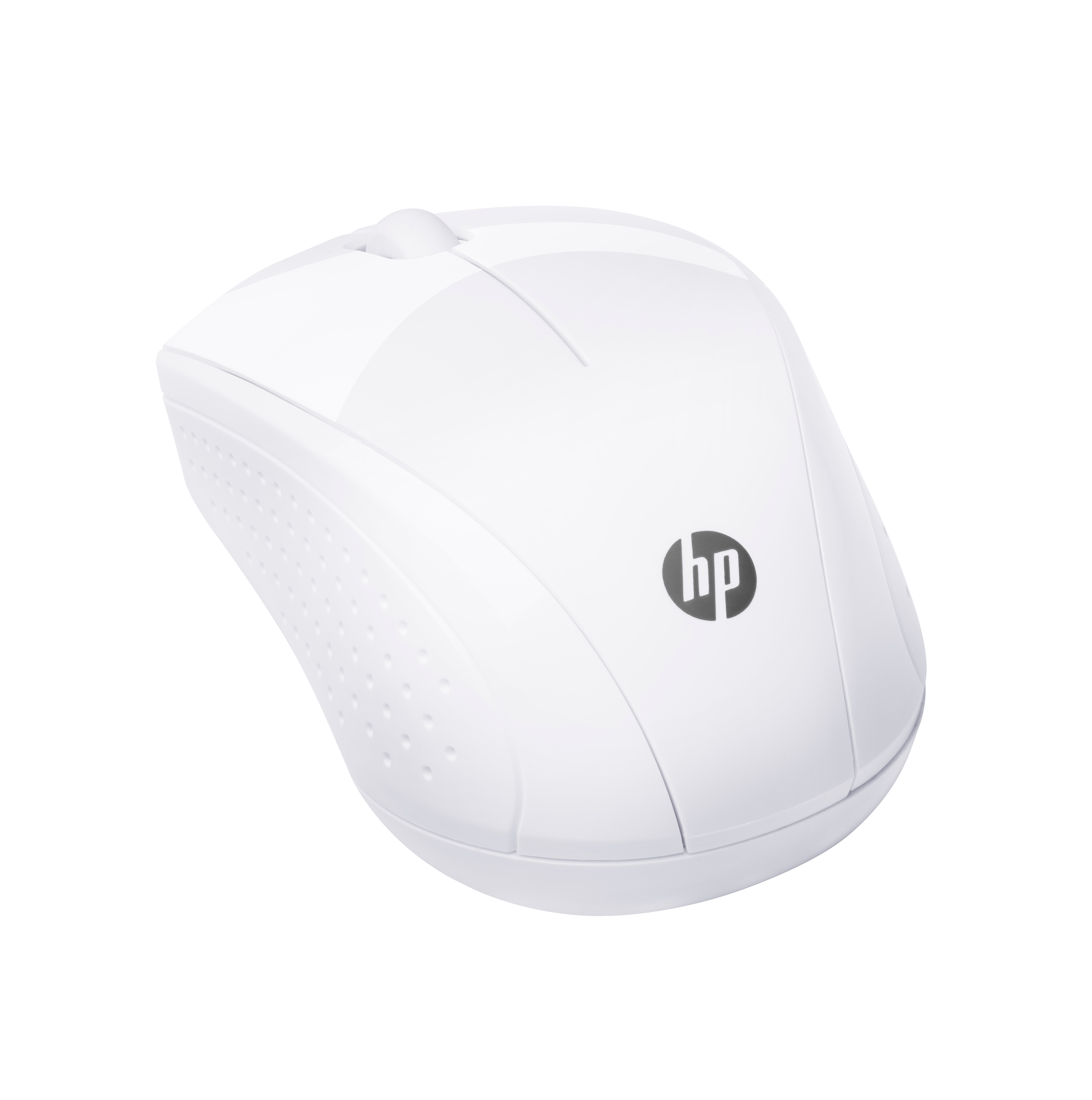 Mouse wireless HP bianco. Ha una rotellina e il logo HP. Isolato su sfondo bianco.