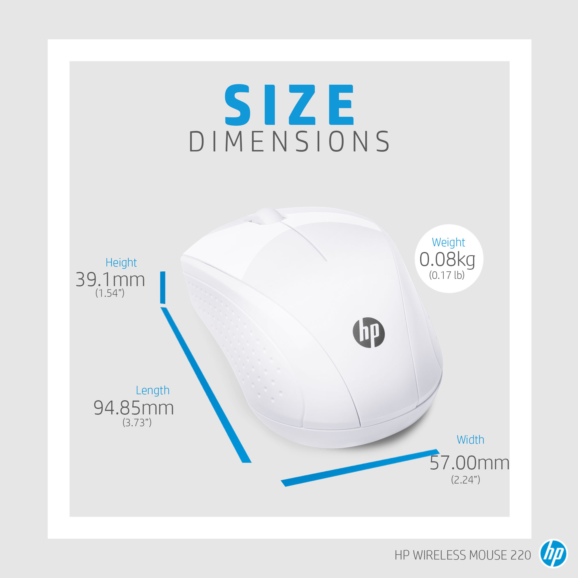 Un mouse wireless HP bianco con dimensioni: altezza 39,1 mm, lunghezza 94,85 mm, larghezza 57 mm. Peso 0,08 kg.