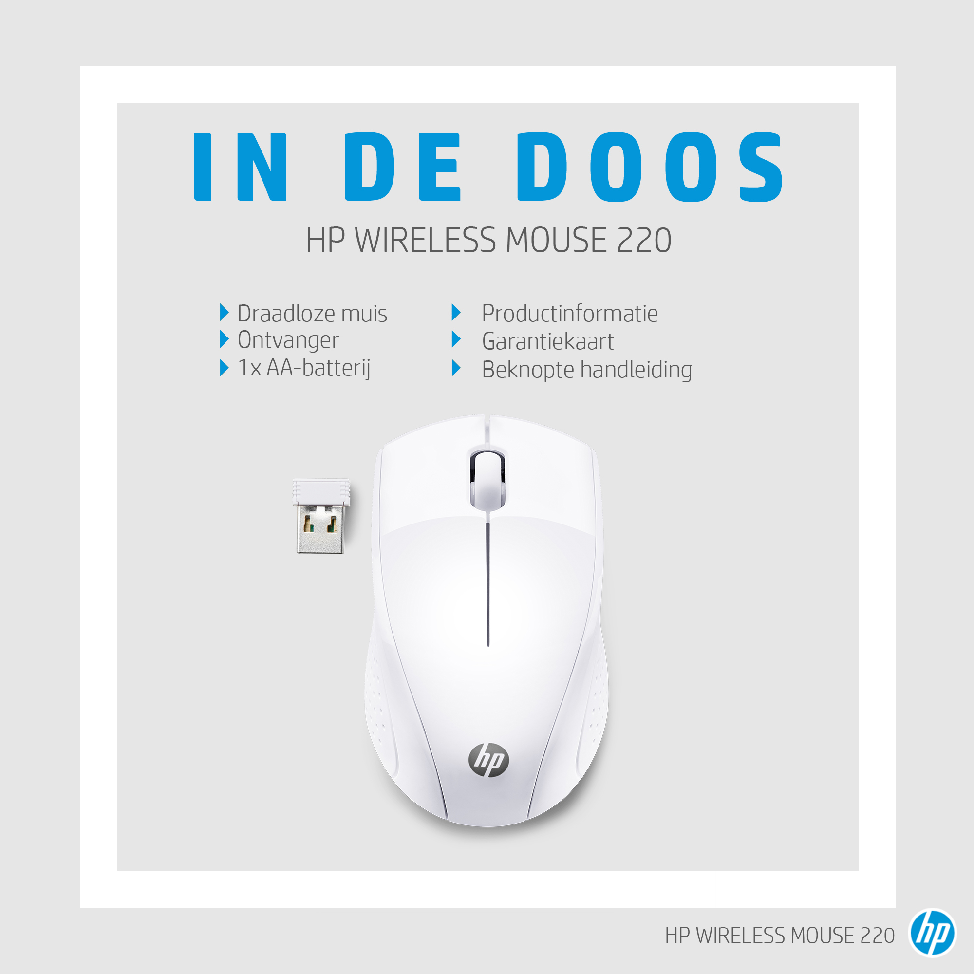 L'immagine mostra un mouse wireless HP bianco, un ricevitore, una batteria AA e altra documentazione. Il titolo è: IN DE DOOS.