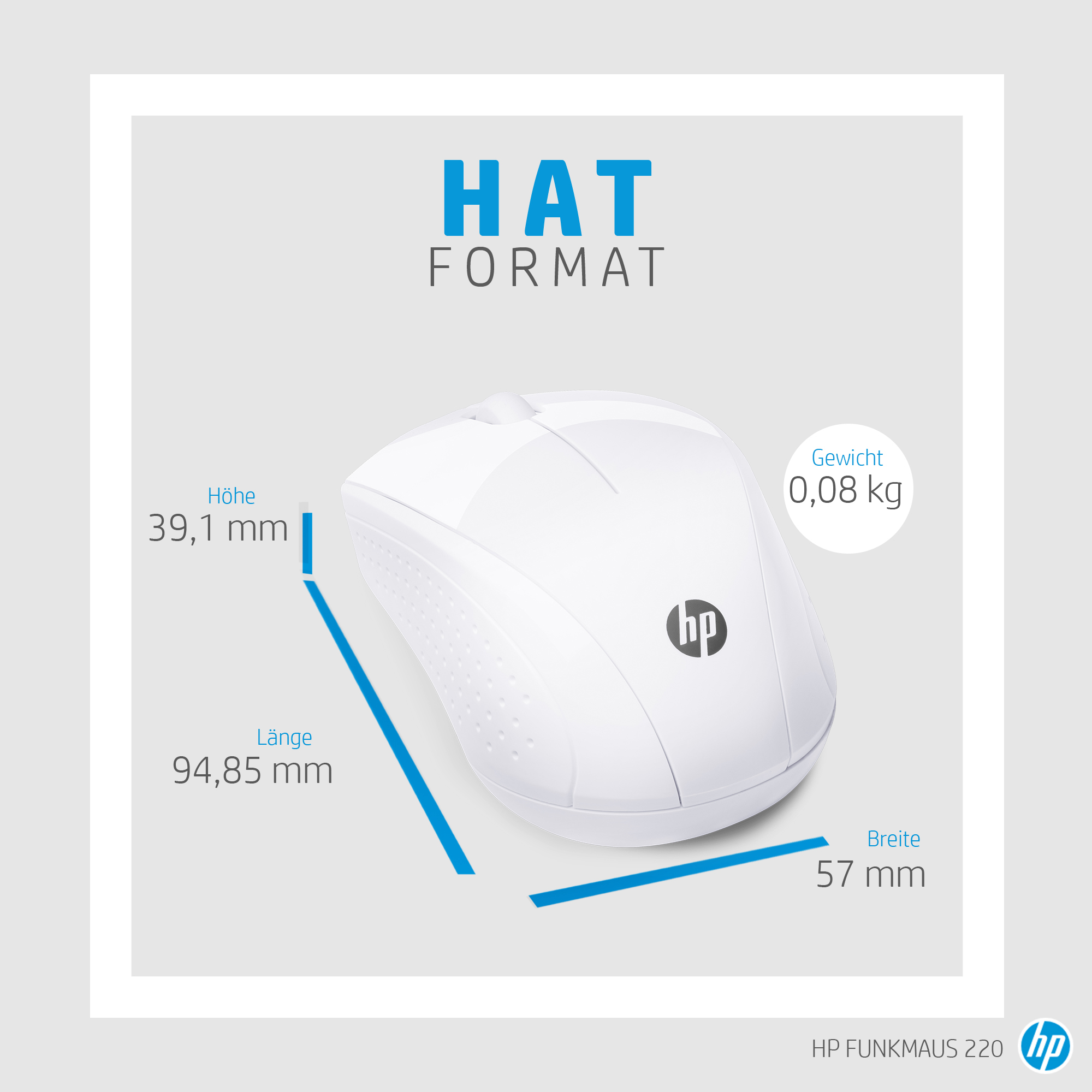 Mouse wireless HP bianco. Dimensioni: 94,85 mm di lunghezza, 57 mm di larghezza e 39,1 mm di altezza. Pesa 0,08 kg. Il logo HP è visibile.