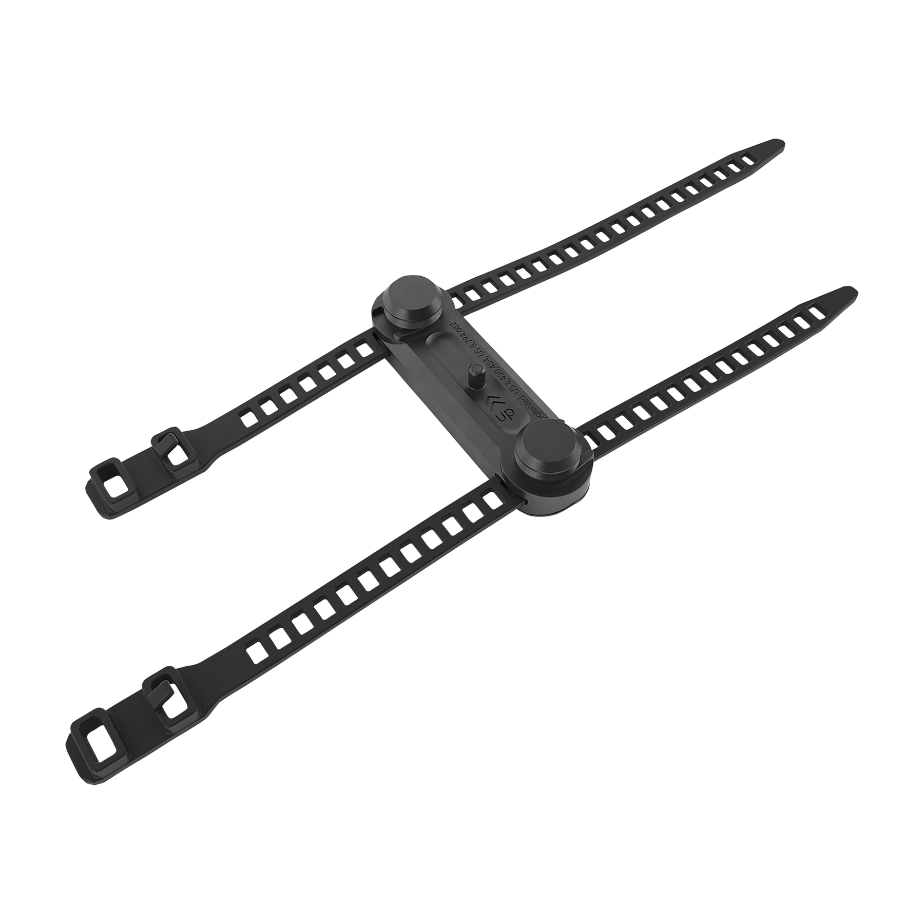 Czarny plastikowy dodatek do roweru z dwoma paskami i centralnym łącznikiem, na białym tle.