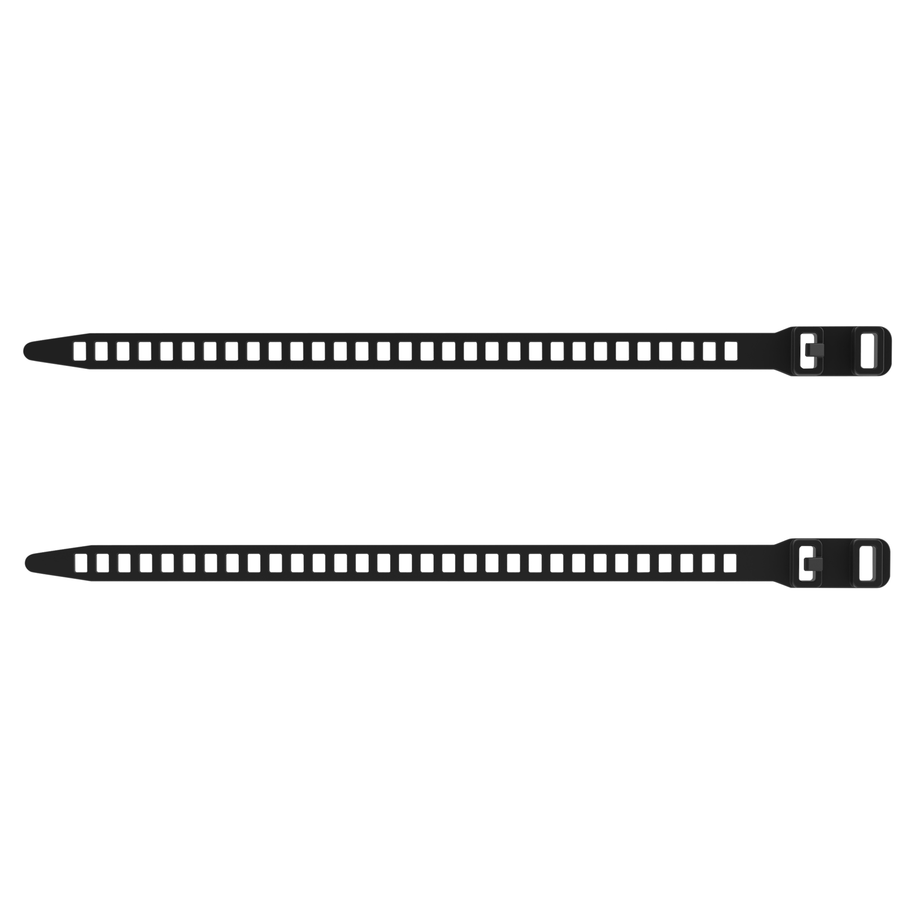 Dwie czarne opaski kablowe, każda z szeregiem otworów, leżą poziomo na białym tle.