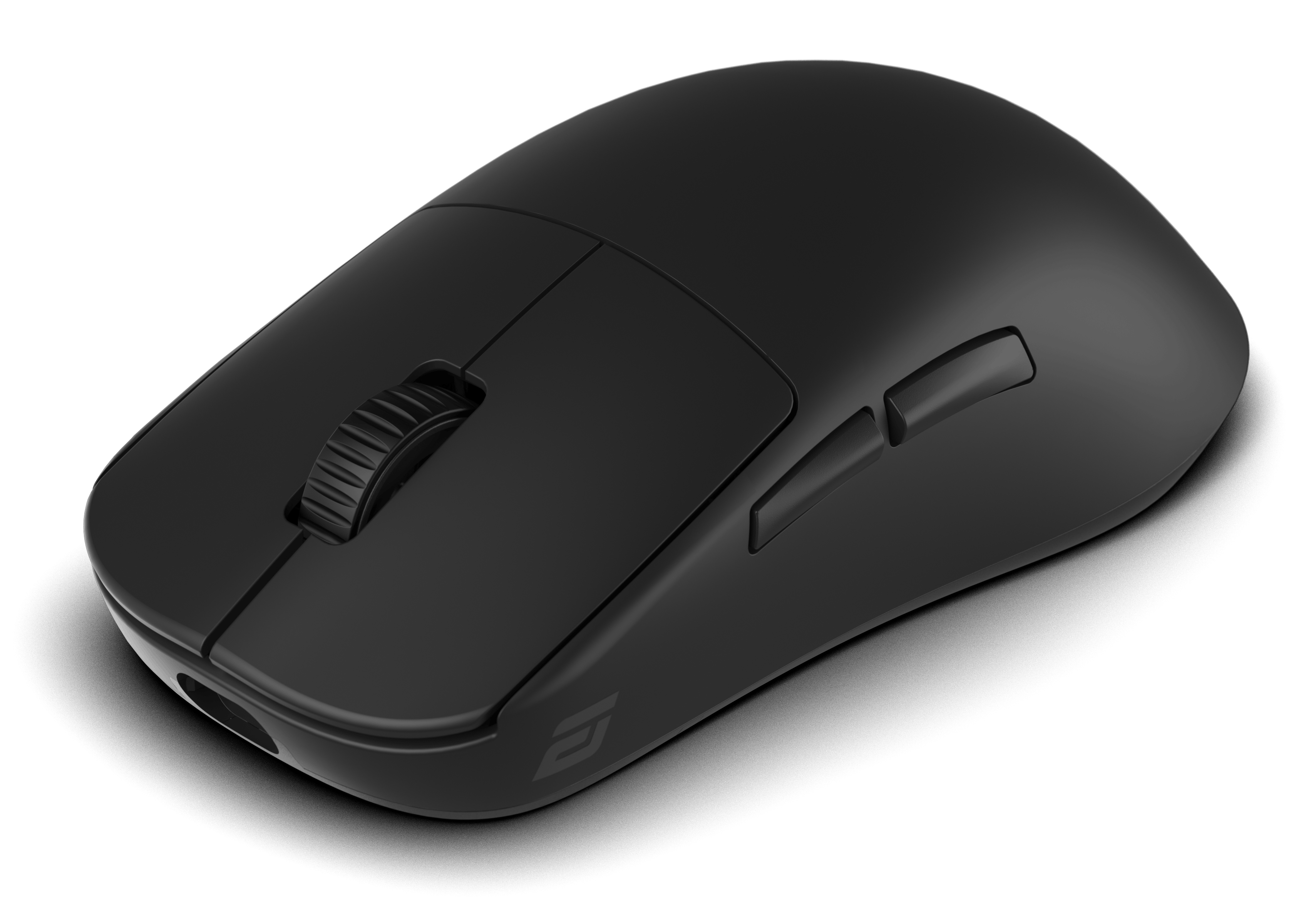 Black computer mouse on white background. Features scroll wheel, side buttons, and logo. Shadow present.