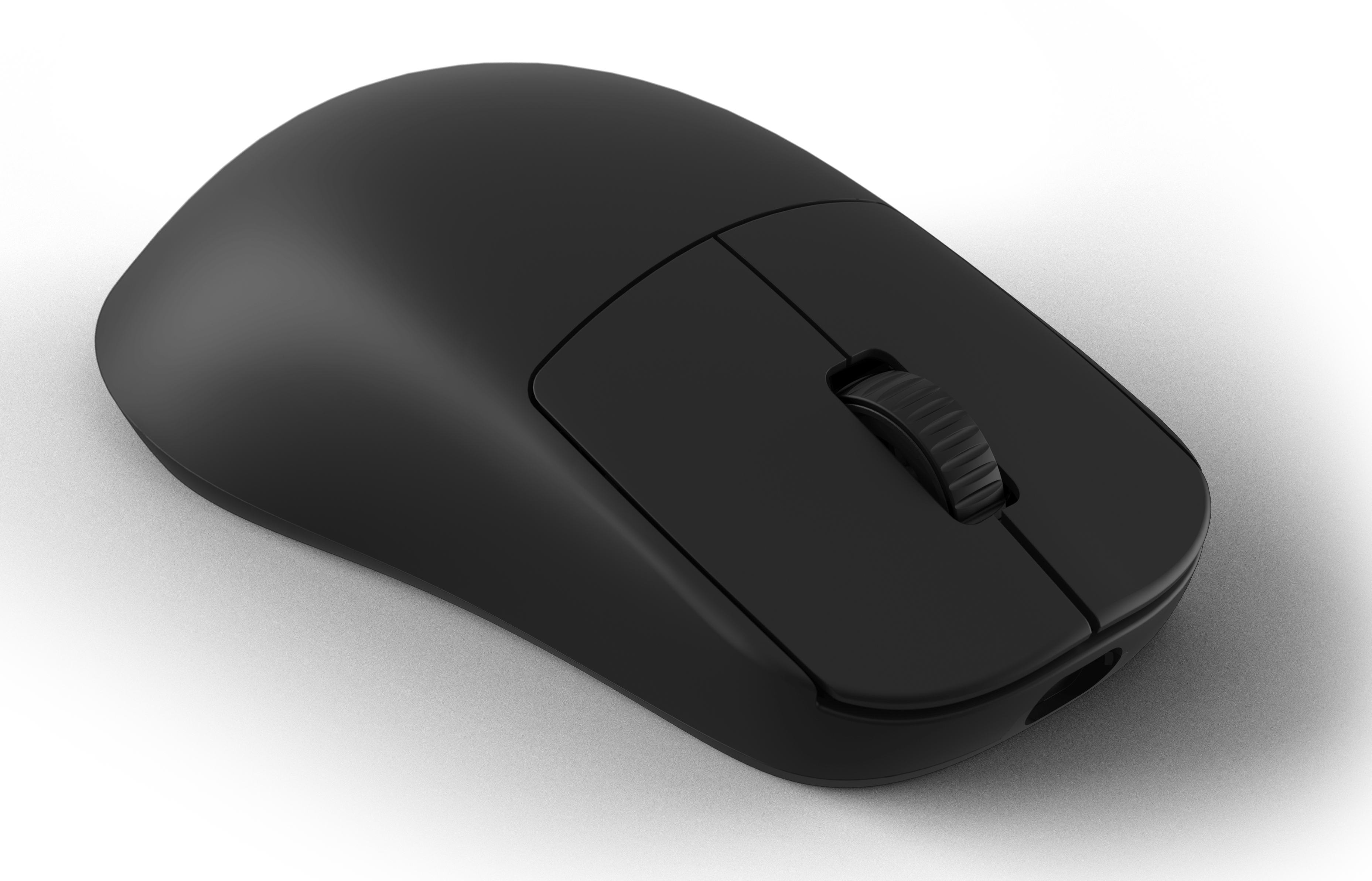 A black wireless computer mouse with two buttons and a scroll wheel, set against a white backdrop with shadows.