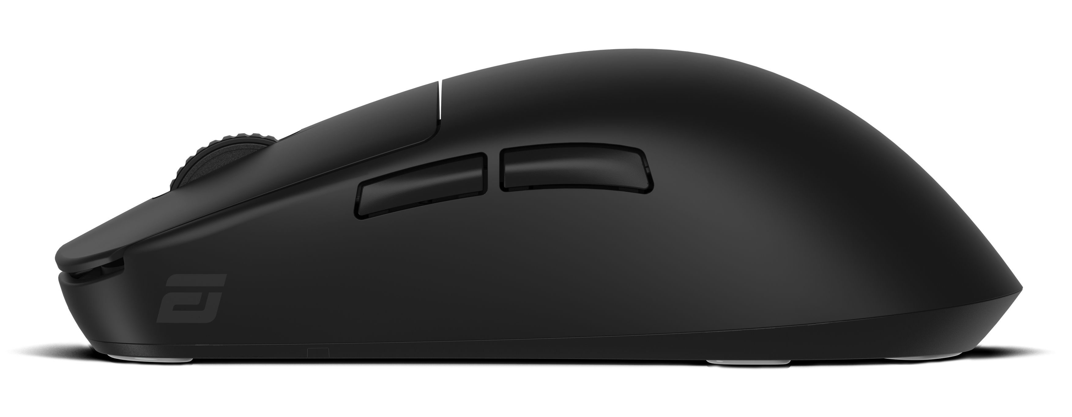 A black computer mouse, side view, featuring a scroll wheel, buttons, and a logo. The mouse is on a white surface.