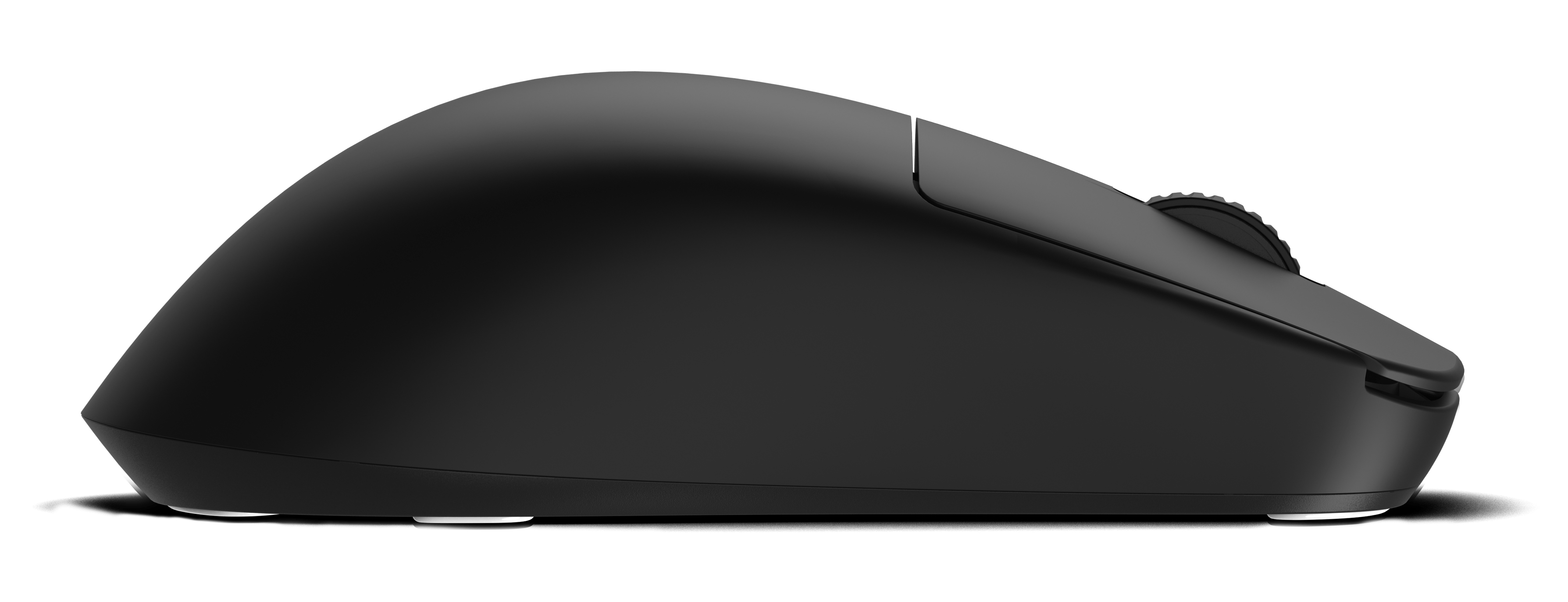 A side view of a black computer mouse. It has a curved design with a scroll wheel and two white feet on the bottom.