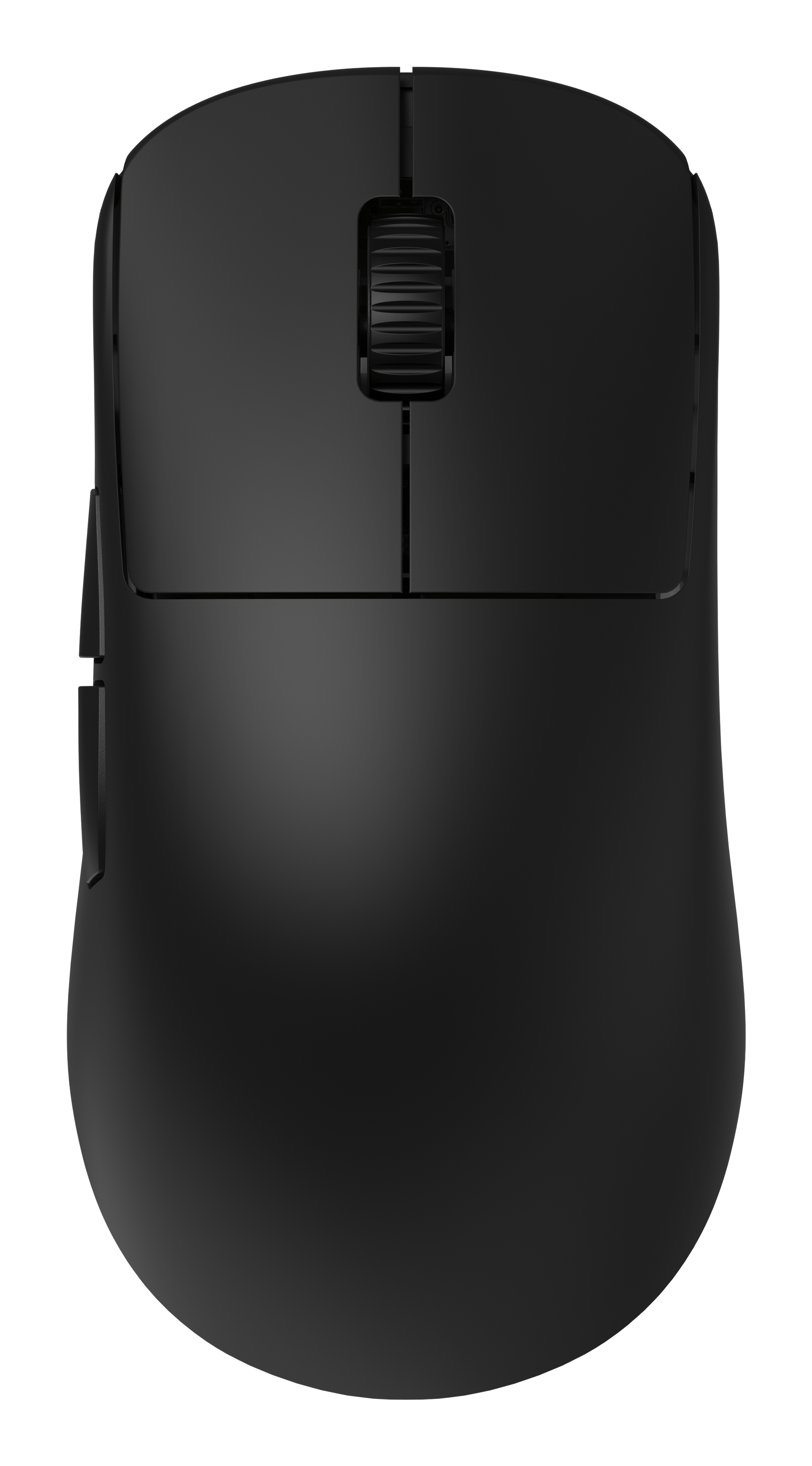 A black computer mouse is shown. It has a scroll wheel and two buttons. The background is plain white.