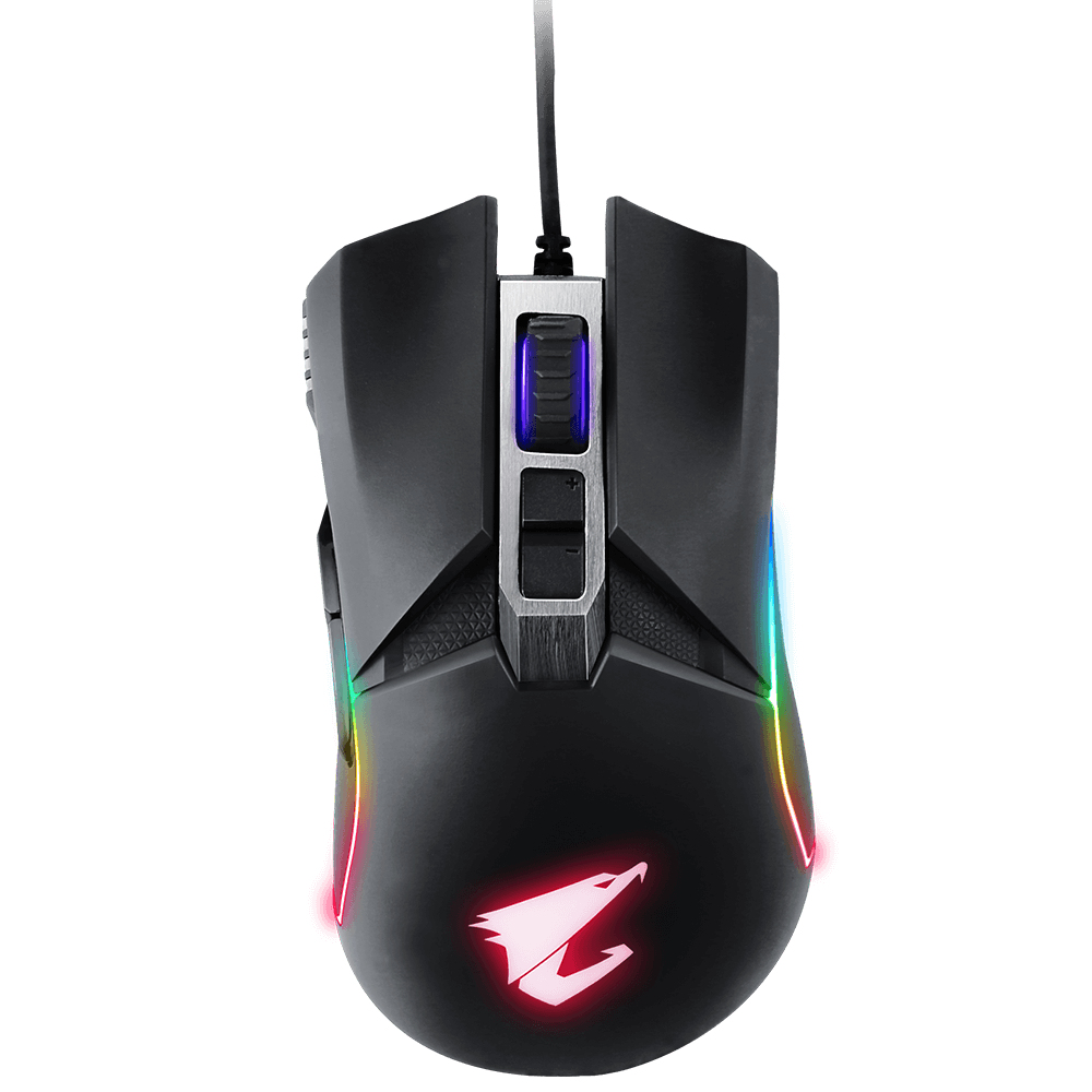 Un mouse da gioco nero con illuminazione RGB. Il mouse ha un logo e una rotella di scorrimento. Lo sfondo è bianco.