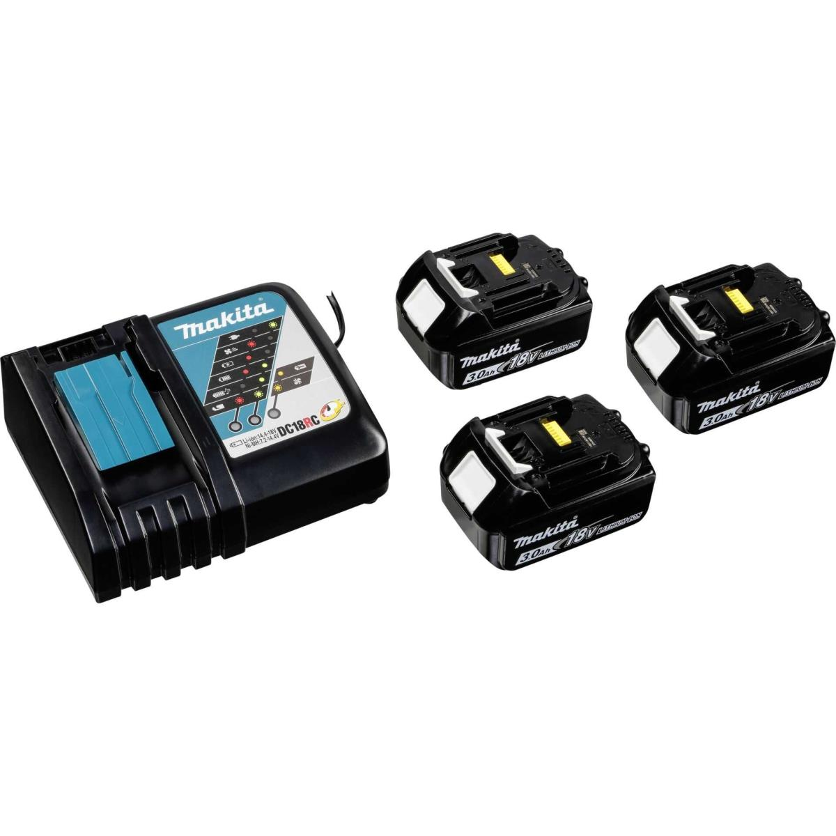 Czarna ładowarka Makita z trzema bateriami. Ładowarka ma niebieskie gniazdo. Baterie są czarne z białymi i żółtymi detalami.