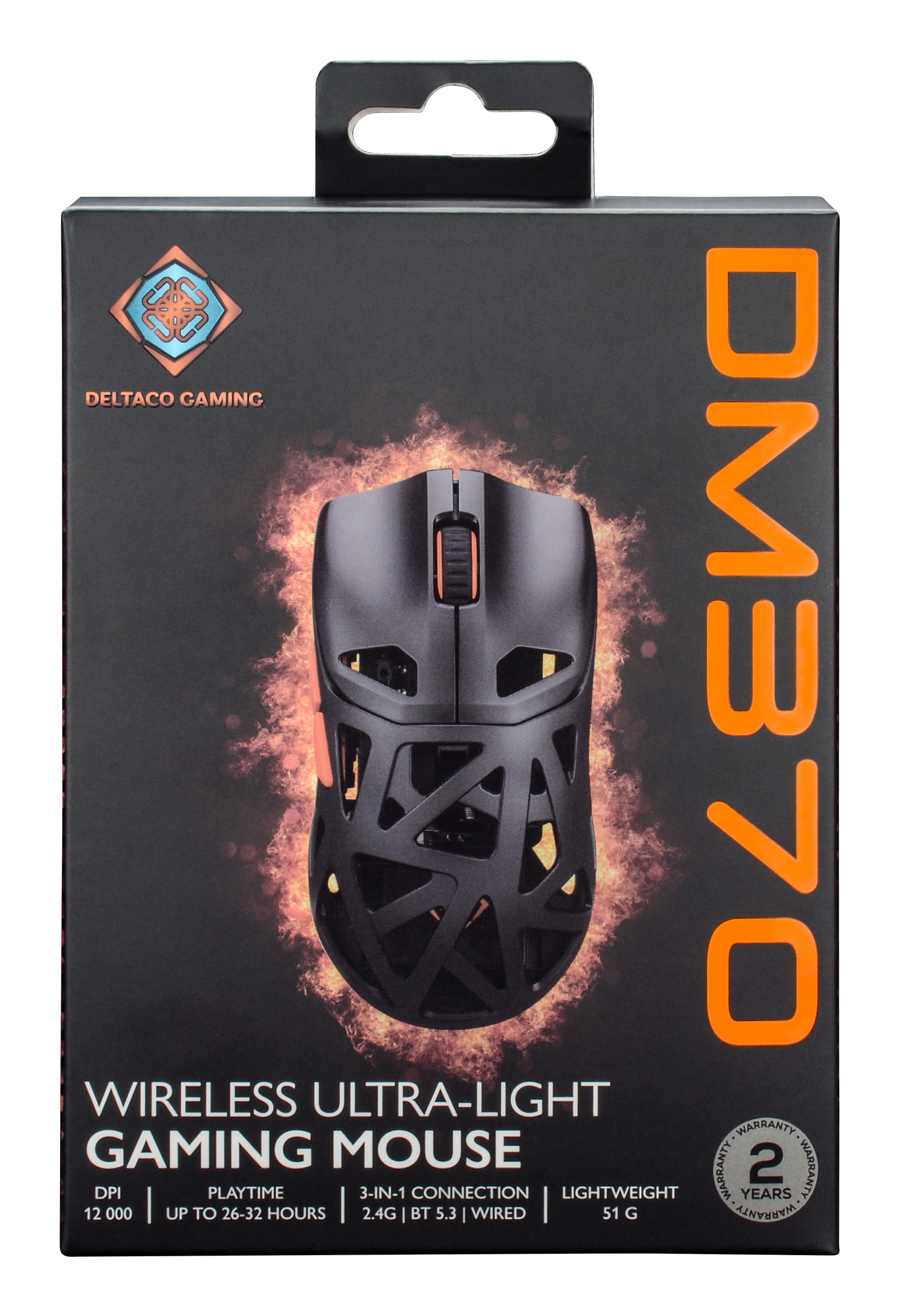 Een gamingmuisdoos. De muis is zwart en heeft een open ontwerp. Tekst op de doos bevat 'DM370' en 'Wireless Ultra-Light Gaming Mouse'.