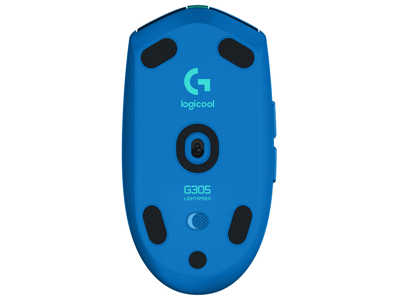 Niebieska mysz Logitech G305 od spodu. Widoczne czarne podkładki i czujnik. Wyświetlane jest również logo i nazwa modelu.
