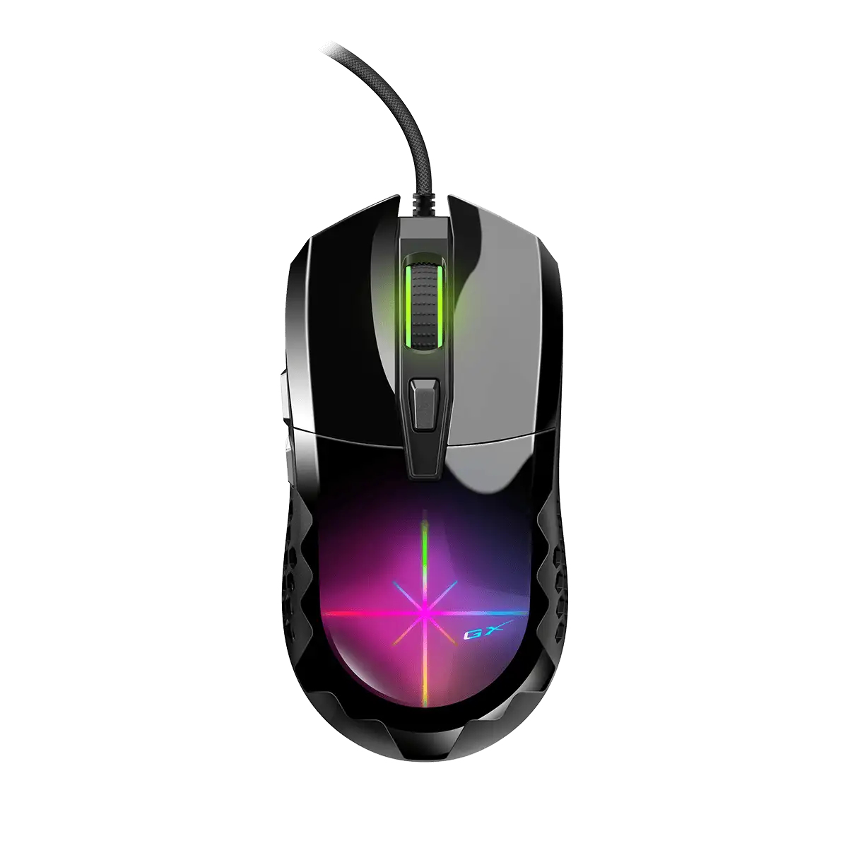 Un mouse da gioco nero con luce RGB brillante. Ha una rotella di scorrimento, pulsanti laterali e un design strutturato. Il mouse è collegato a un cavo.