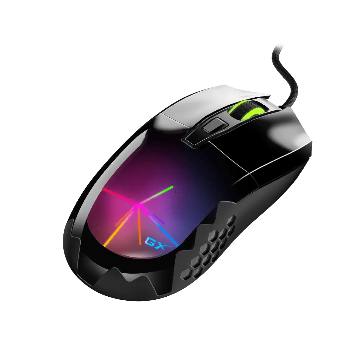 Mouse da gaming nero con luci colorate. Ha una rotella, pulsanti laterali e un cavo. Il mouse è su sfondo bianco.