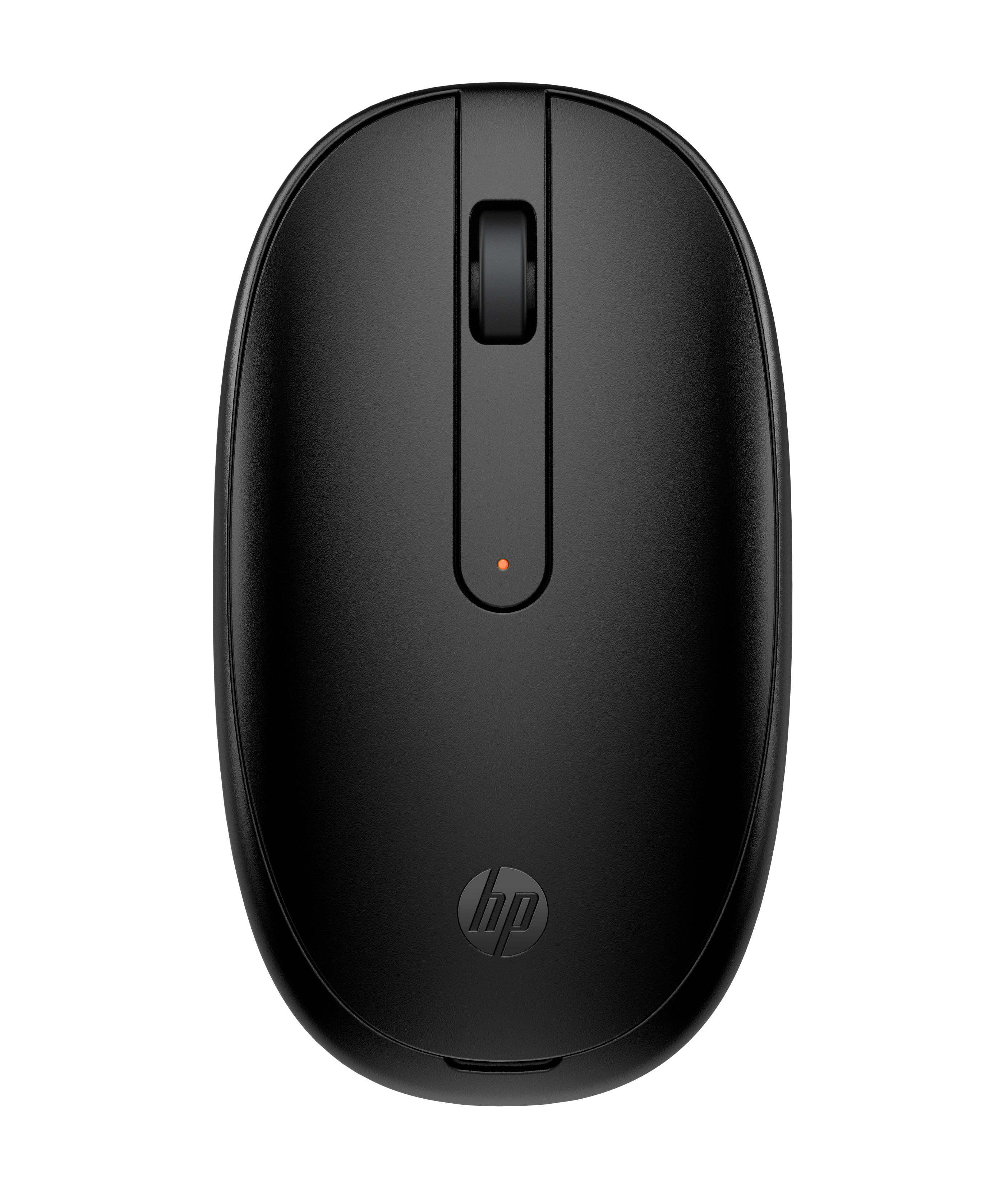 Un ratón inalámbrico HP negro. Tiene una rueda de desplazamiento y el logotipo de HP. El fondo es blanco.