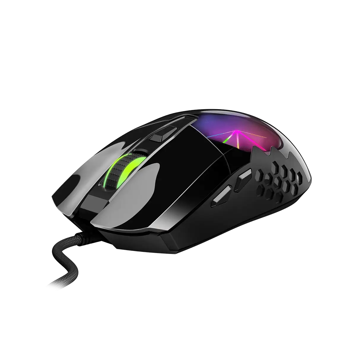 Mouse da gaming nero con luci interne colorate. Ha una rotella di scorrimento con accenti verdi e un cavo strutturato.