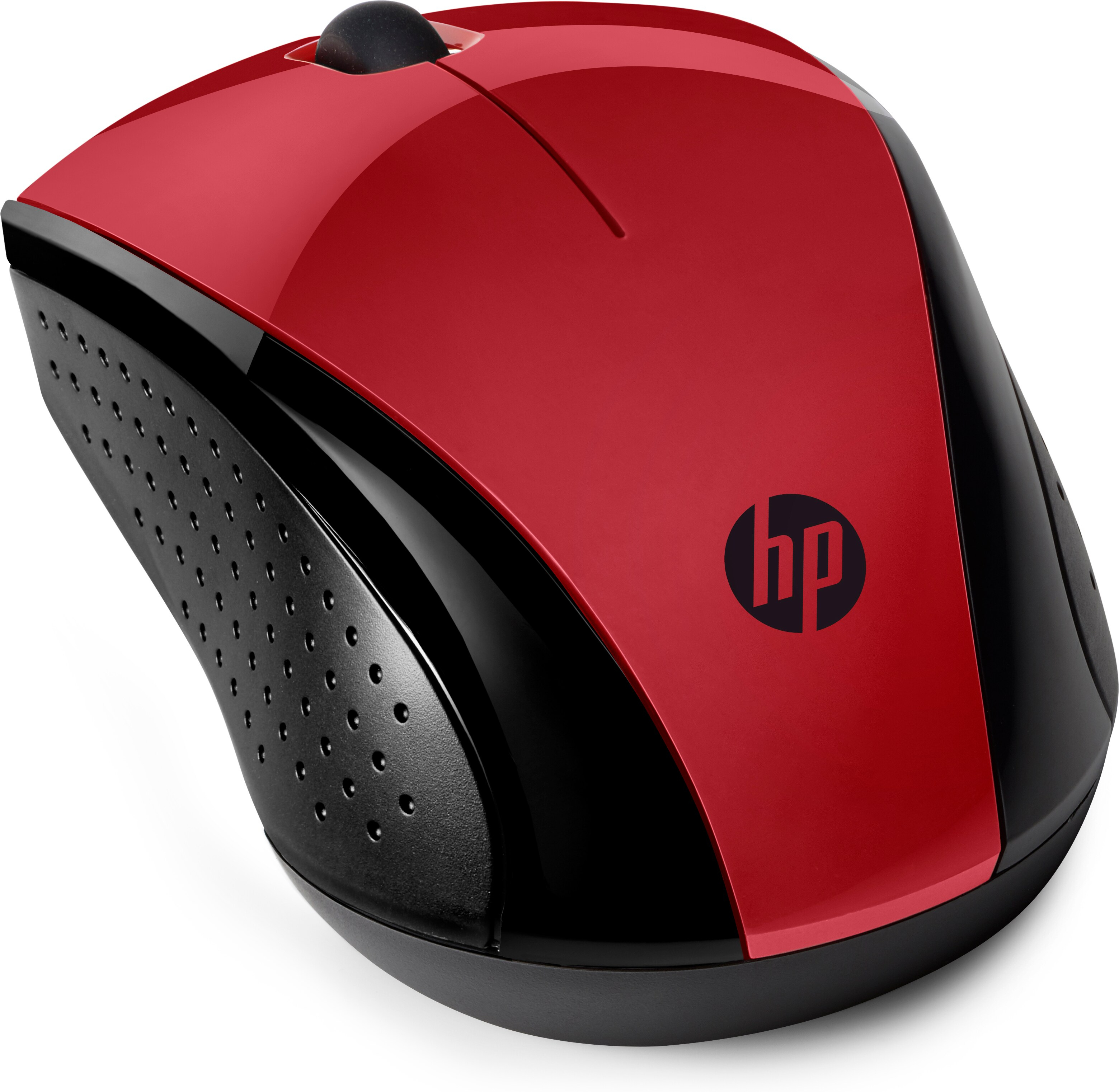 Un ratón inalámbrico HP rojo y negro sobre un fondo blanco. El ratón tiene una parte superior roja y el logotipo de HP.