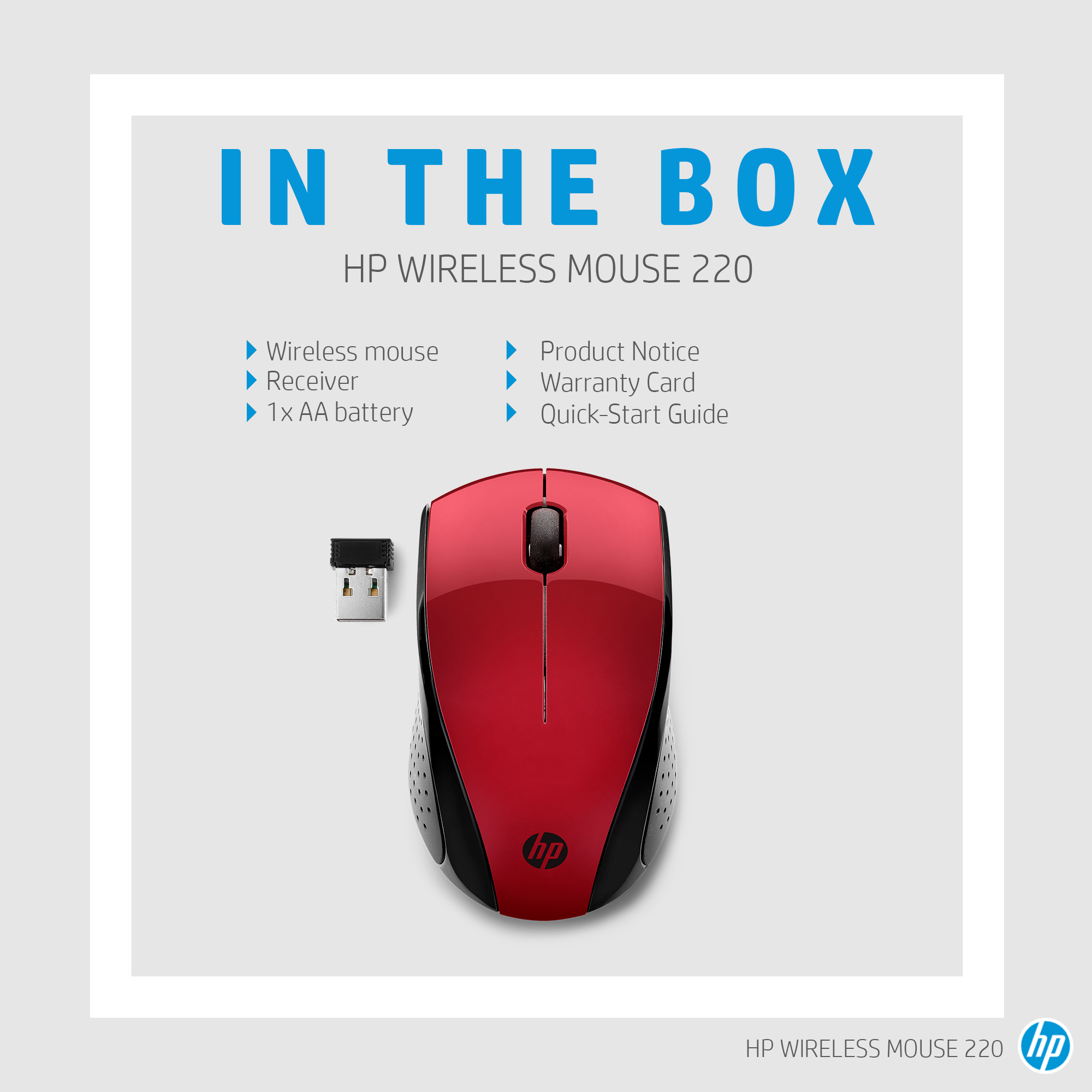 Ratón inalámbrico HP rojo y negro, receptor USB y una lista de elementos incluidos sobre fondo blanco.