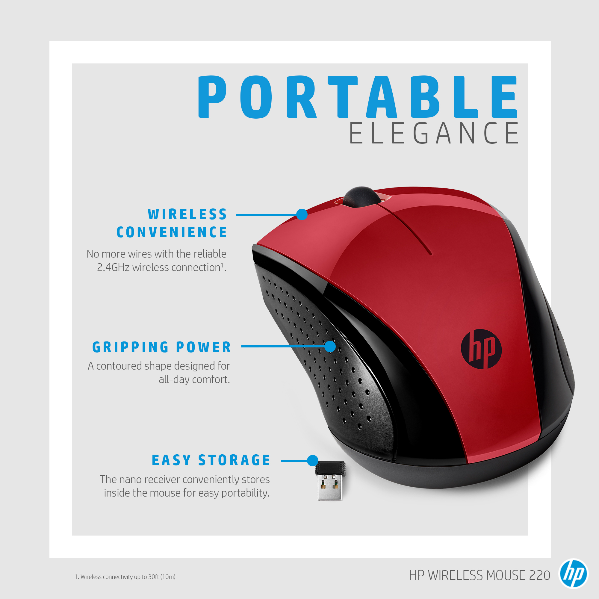 Un ratón inalámbrico HP rojo y negro. Cuenta con conexión inalámbrica, forma contorneada y fácil almacenamiento.