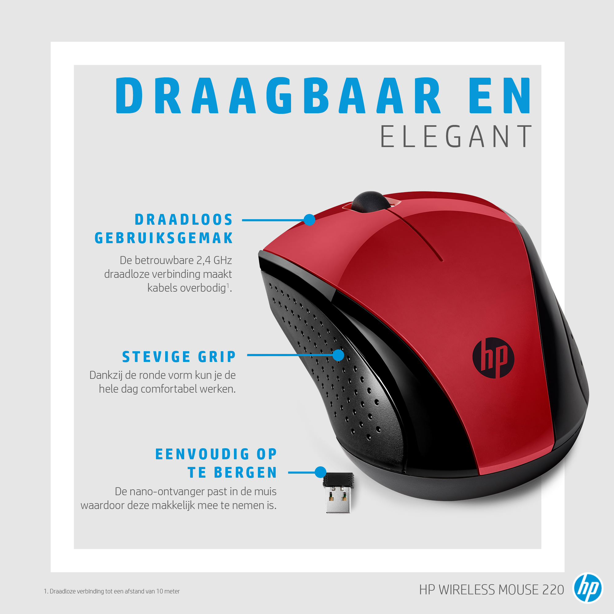 Ratón inalámbrico HP rojo y negro. Características: uso inalámbrico, agarre cómodo y fácil almacenamiento. Incluye receptor USB.