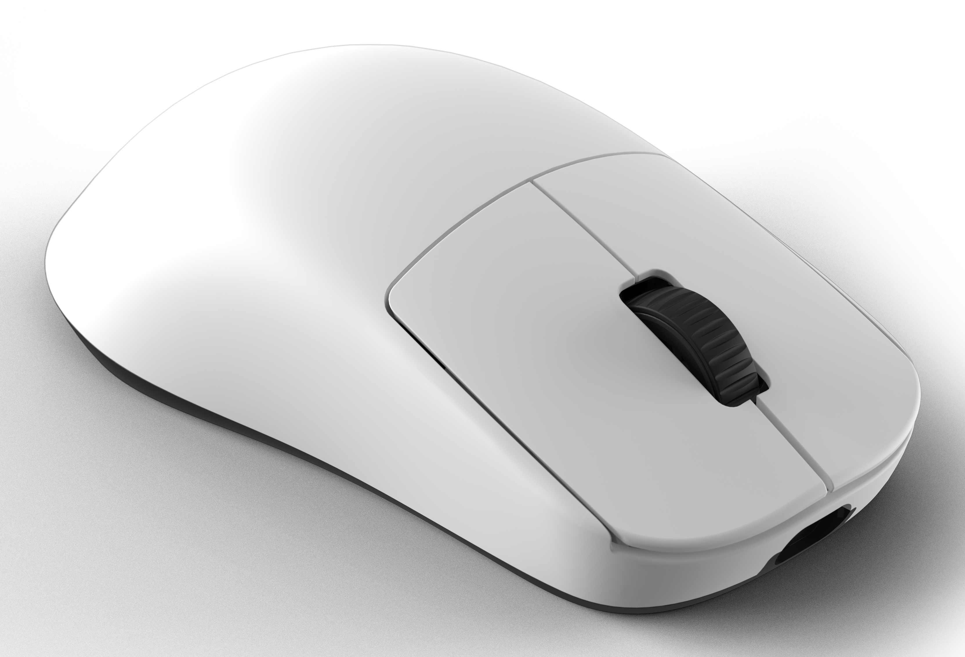 A white computer mouse. It has a scroll wheel and two buttons. The background is white.