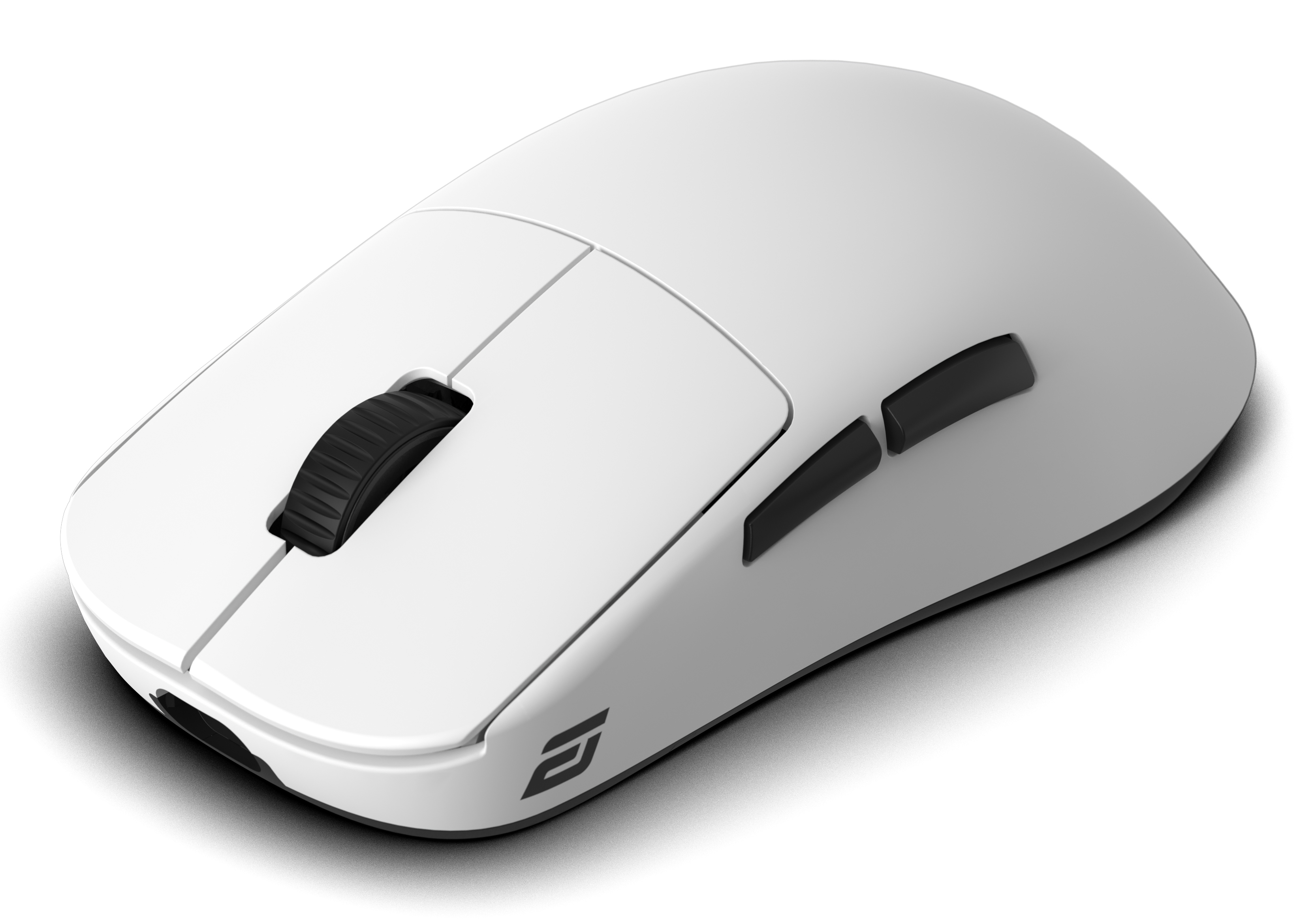 A white computer mouse with black scroll wheel and side buttons, on a white background. A logo is on the side.