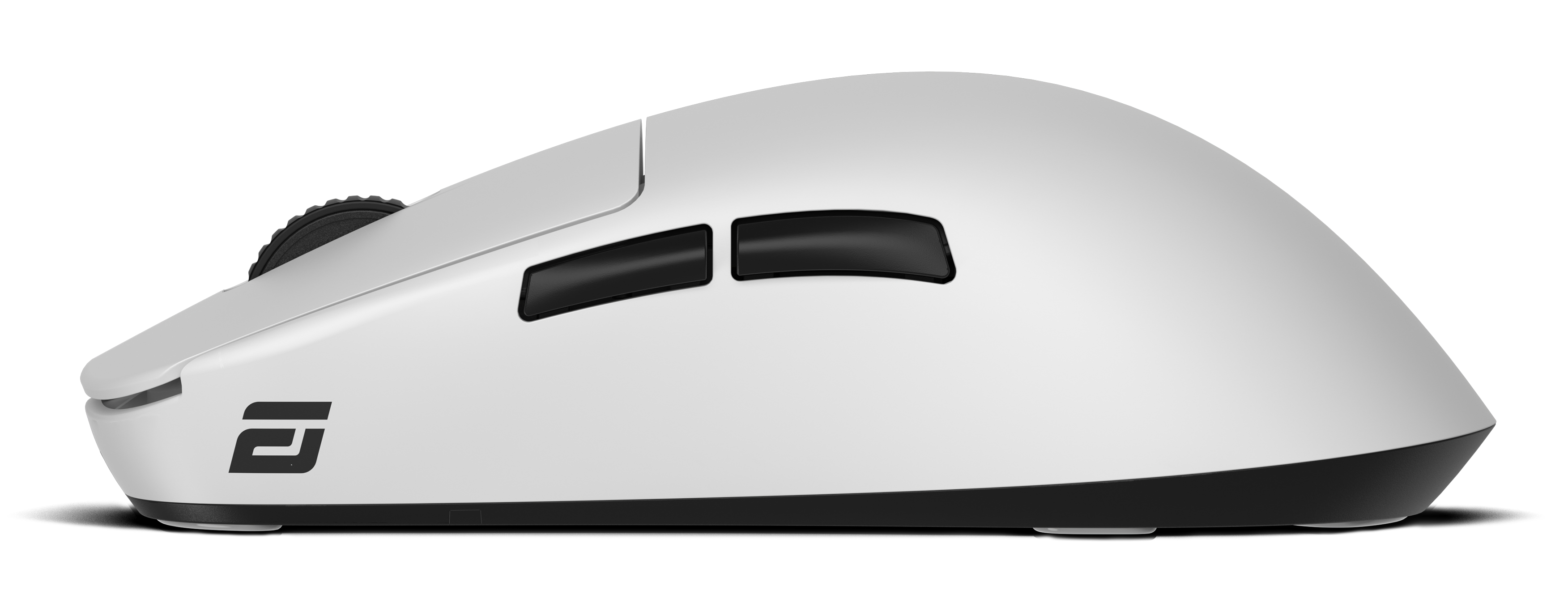 A white computer mouse with black accents, including side buttons and a scroll wheel. A logo is on the side.