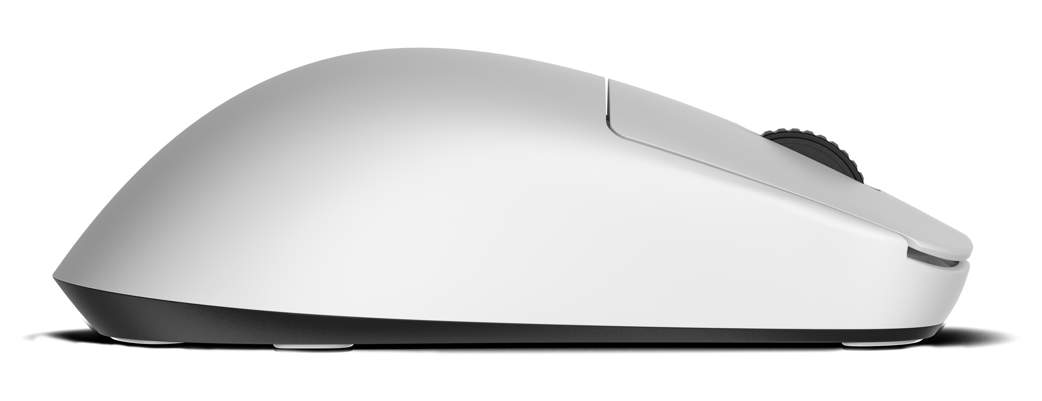 A white computer mouse is on a white background. The mouse has a black base and scroll wheel, and is angled to the right.