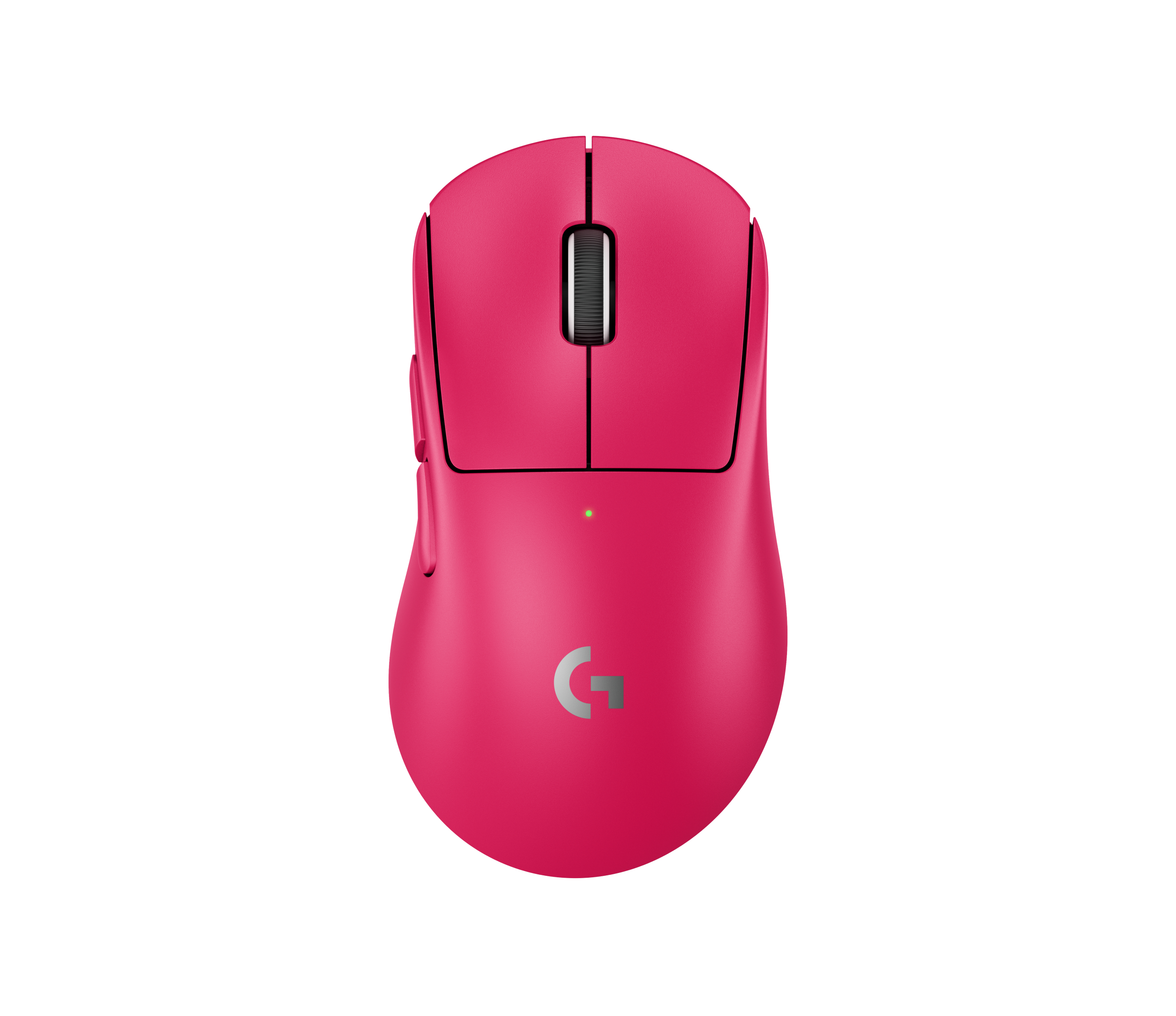 Se muestra un ratón gaming Logitech rosa. Tiene rueda de desplazamiento, botones y el logotipo de la marca. El fondo es blanco.