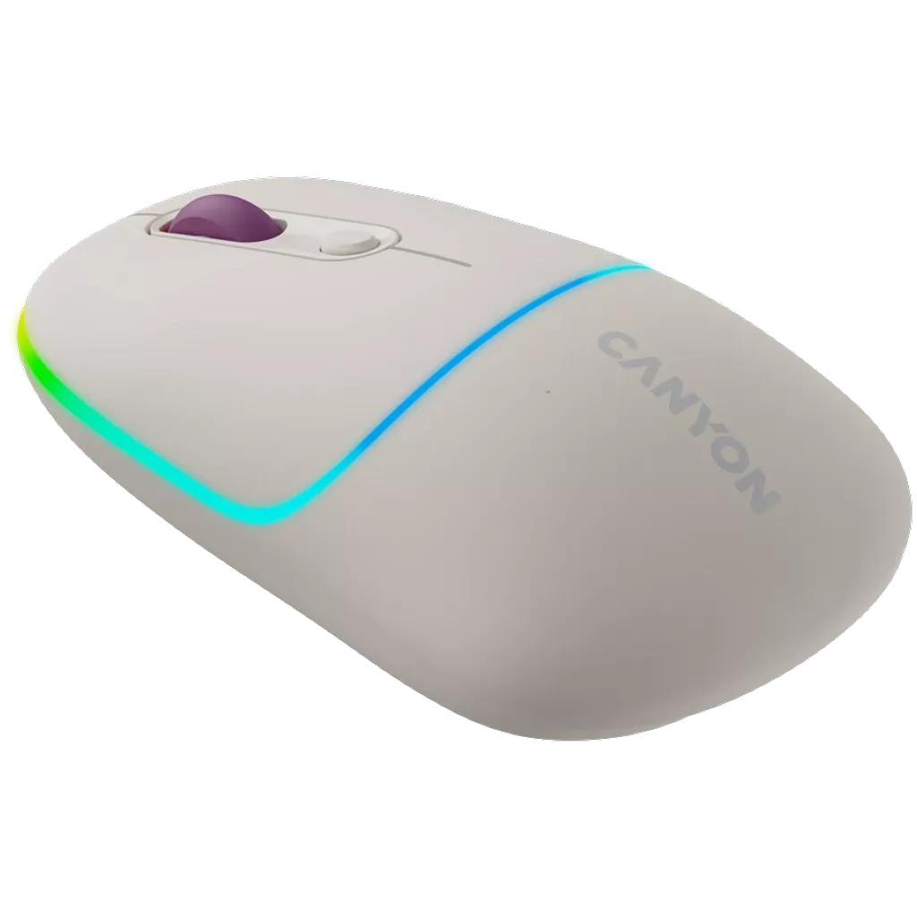 White Canyon wireless mouse with purple scroll wheel, blue and green LED, and Canyon logo.
