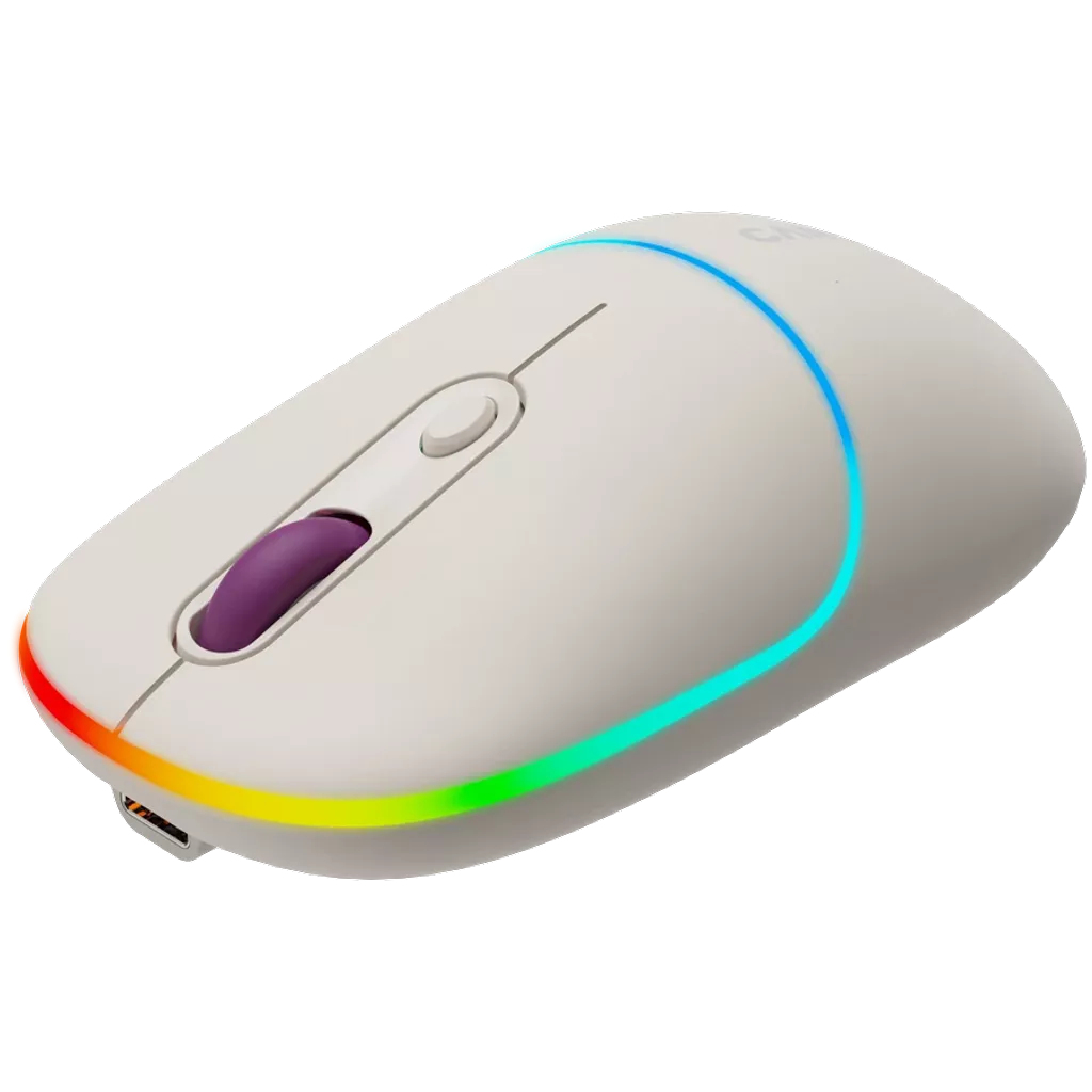 A white computer mouse with a purple scroll wheel and a colored light strip. It has a USB port and two buttons.