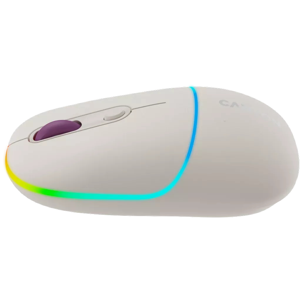 A white wireless mouse with a purple scroll wheel and a color-changing light strip along the edge.