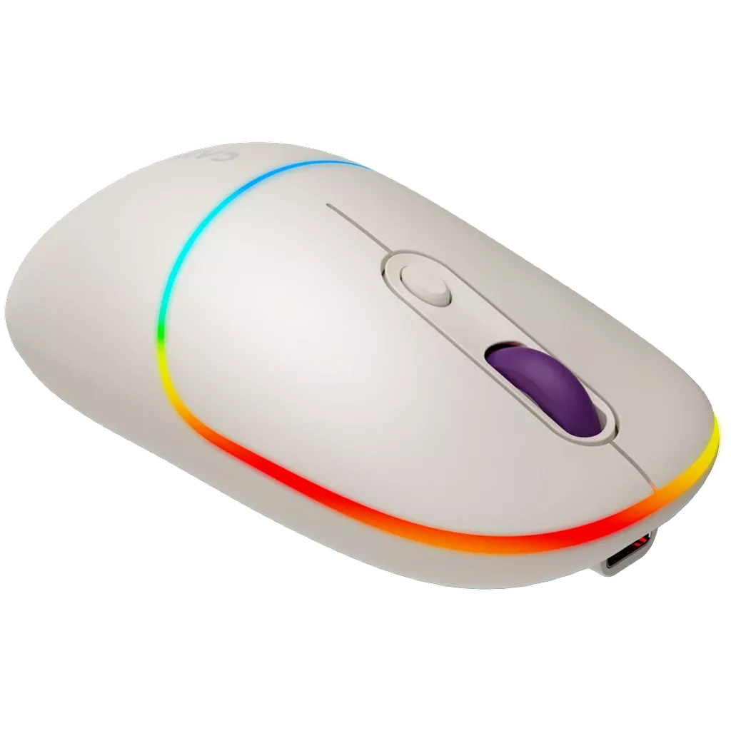 A white wireless mouse with a purple scroll wheel and a colorful light strip around the edge. The design is modern and sleek.