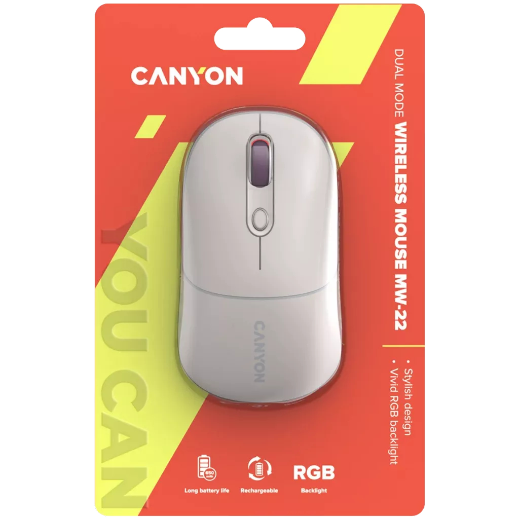 A white Canyon wireless mouse on a red and yellow package. Features include long battery life, rechargeable, and RGB backlight.
