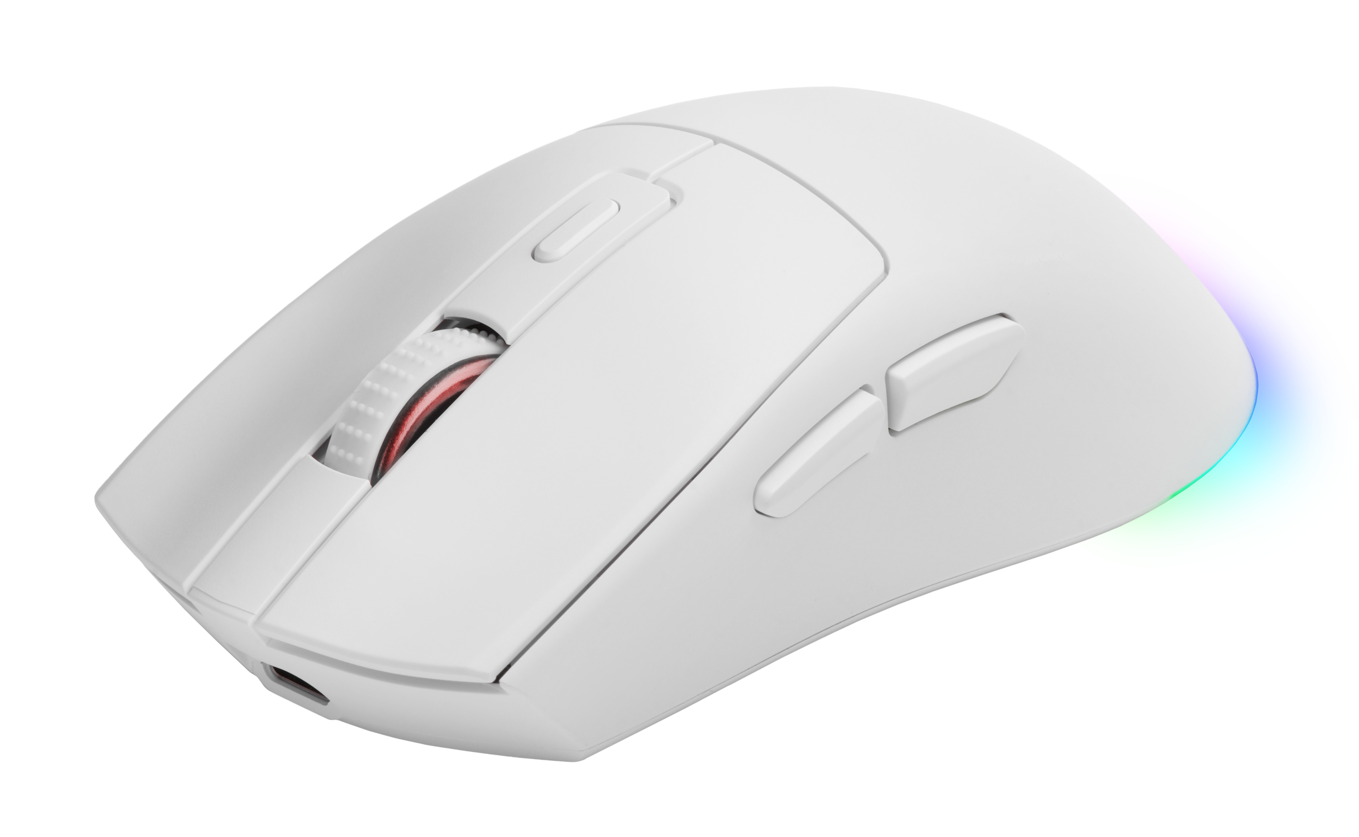 Een witte gaming muis. Met knoppen, een rood scrollwiel en een gekleurd licht aan de onderkant.