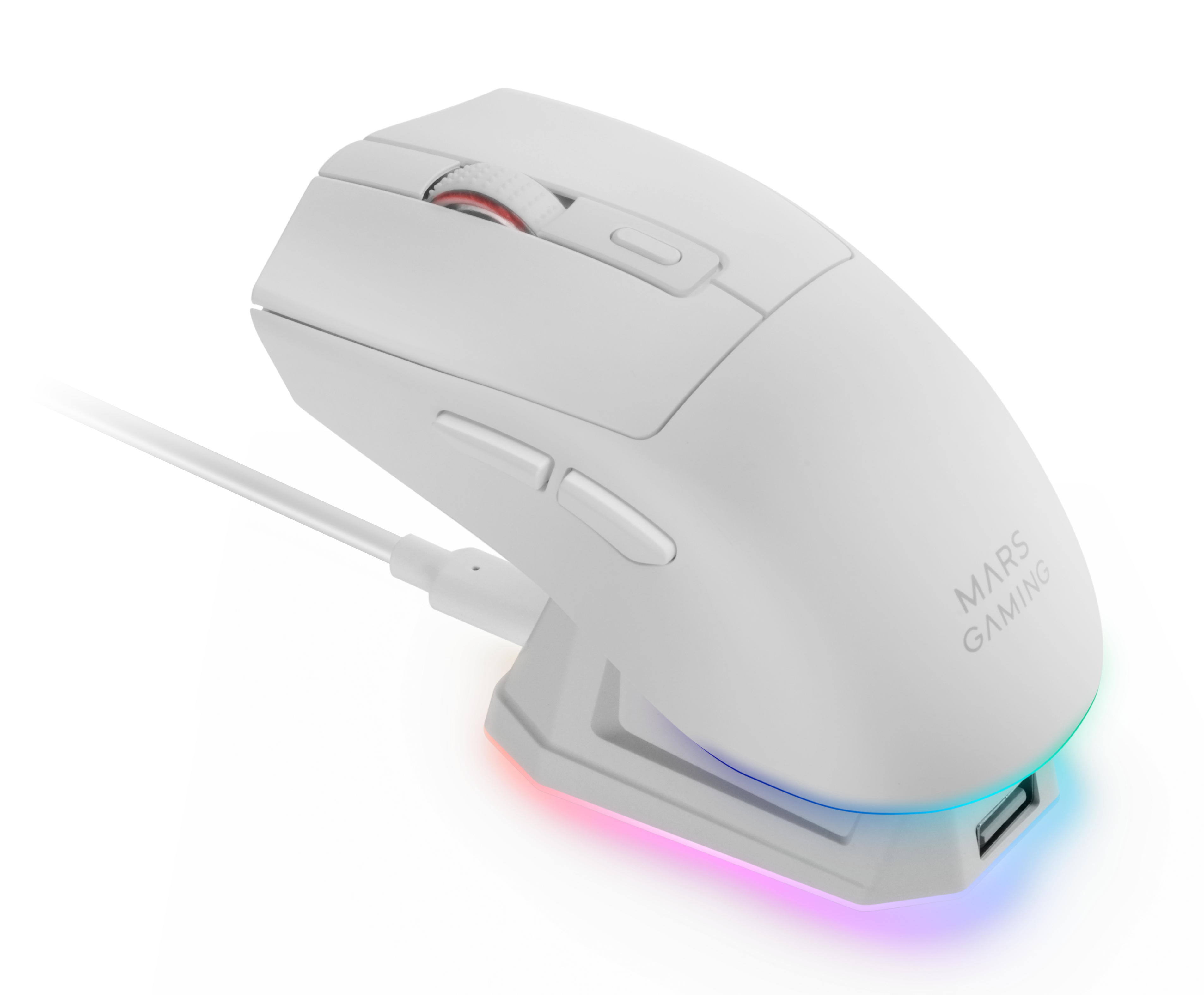 Witte gamingmuis met oplaadstation. Heeft een scrollwiel en knoppen. Basis heeft USB-poort en RGB-verlichting.