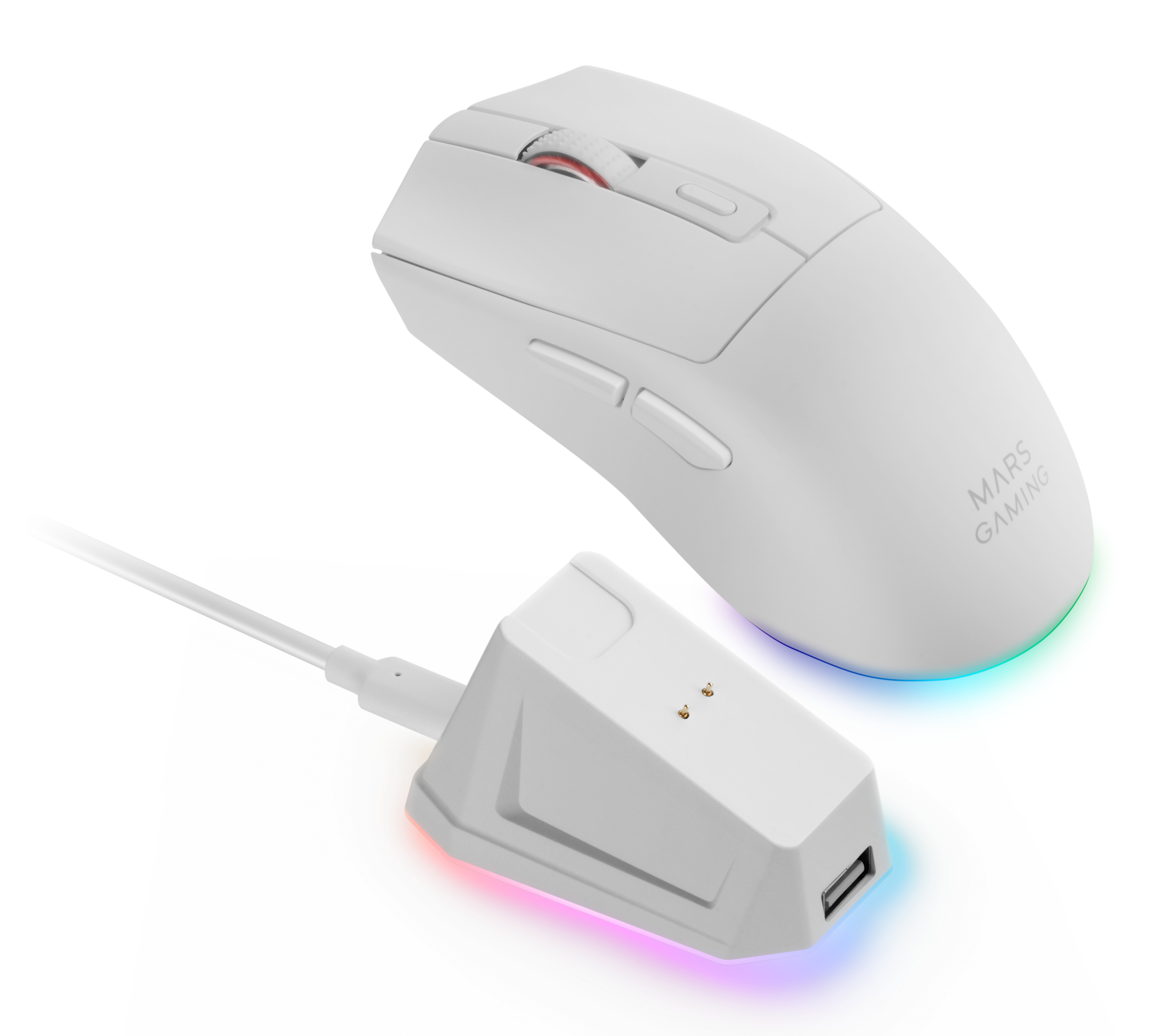 Een witte gamingmuis en het oplaadstation. De muis heeft rode accenten en de basis een USB-poort.