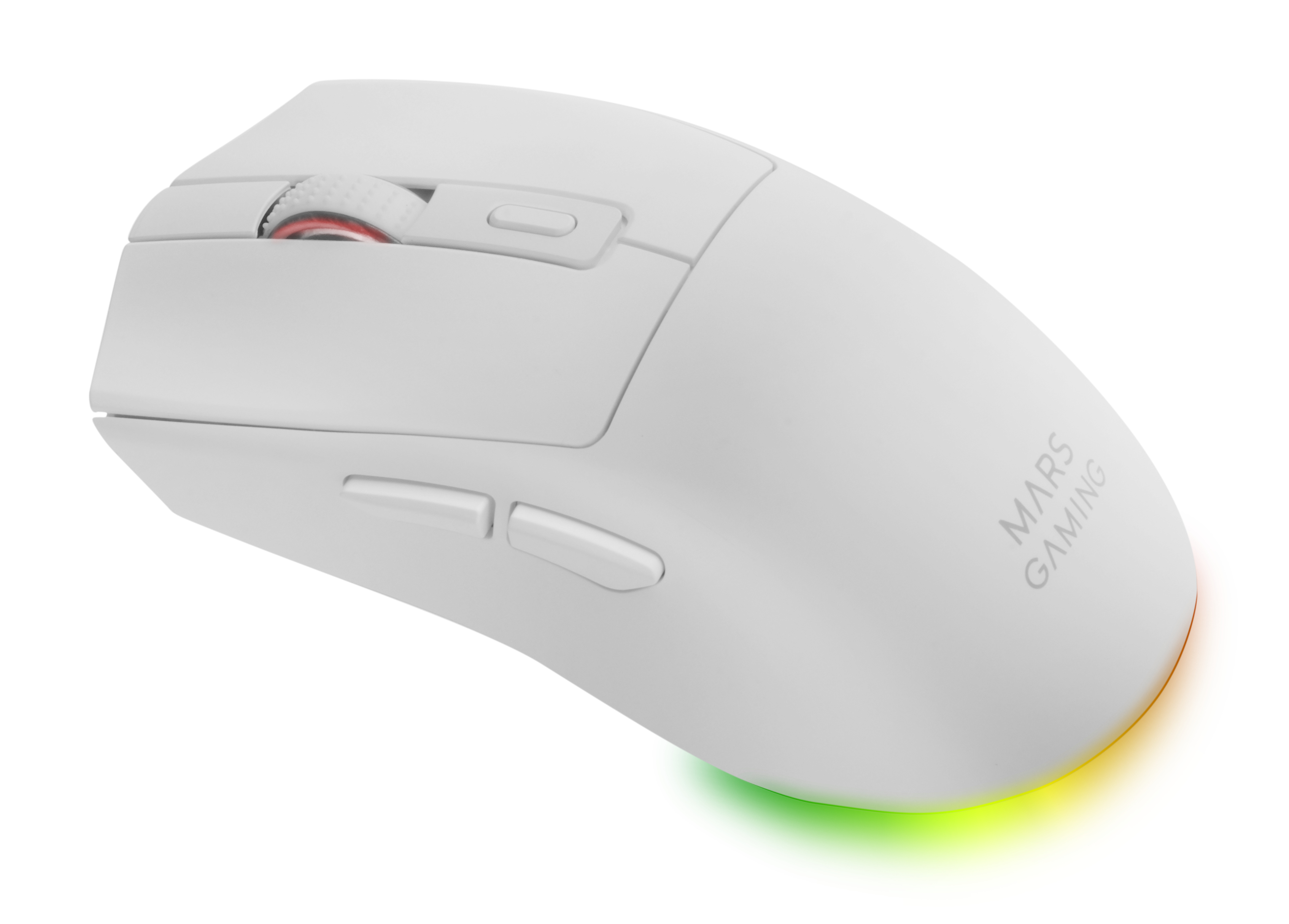 Witte gamingmuis met rode scrollwiel en zijknoppen. Met Mars Gaming logo. De onderkant gloeit groen, geel en oranje.