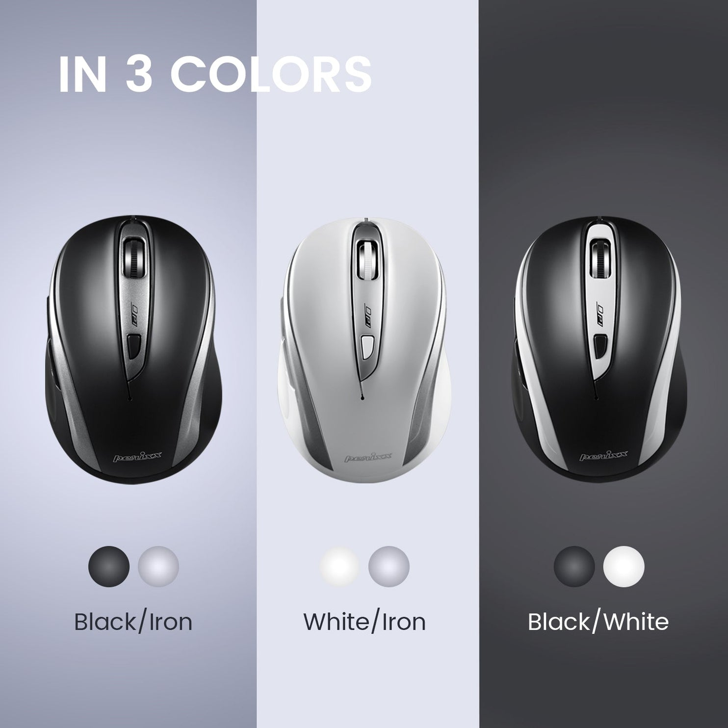 Obraz przedstawia trzy myszy komputerowe w kolorach czarny/żelazny, biały/żelazny i czarny/biały. Tekst u góry mówi 'IN 3 COLORS'.