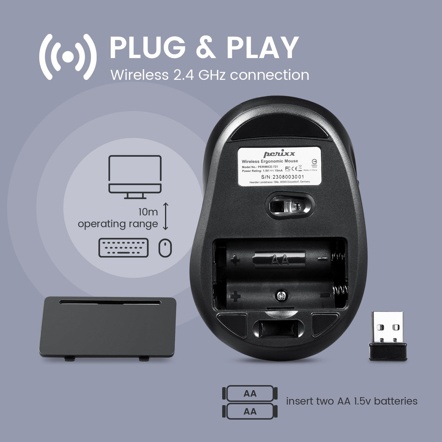 Czarna ergonomiczna mysz bezprzewodowa z otwartą komorą baterii pokazującą dwie baterie AA. Zawiera również odbiornik USB i tekst.